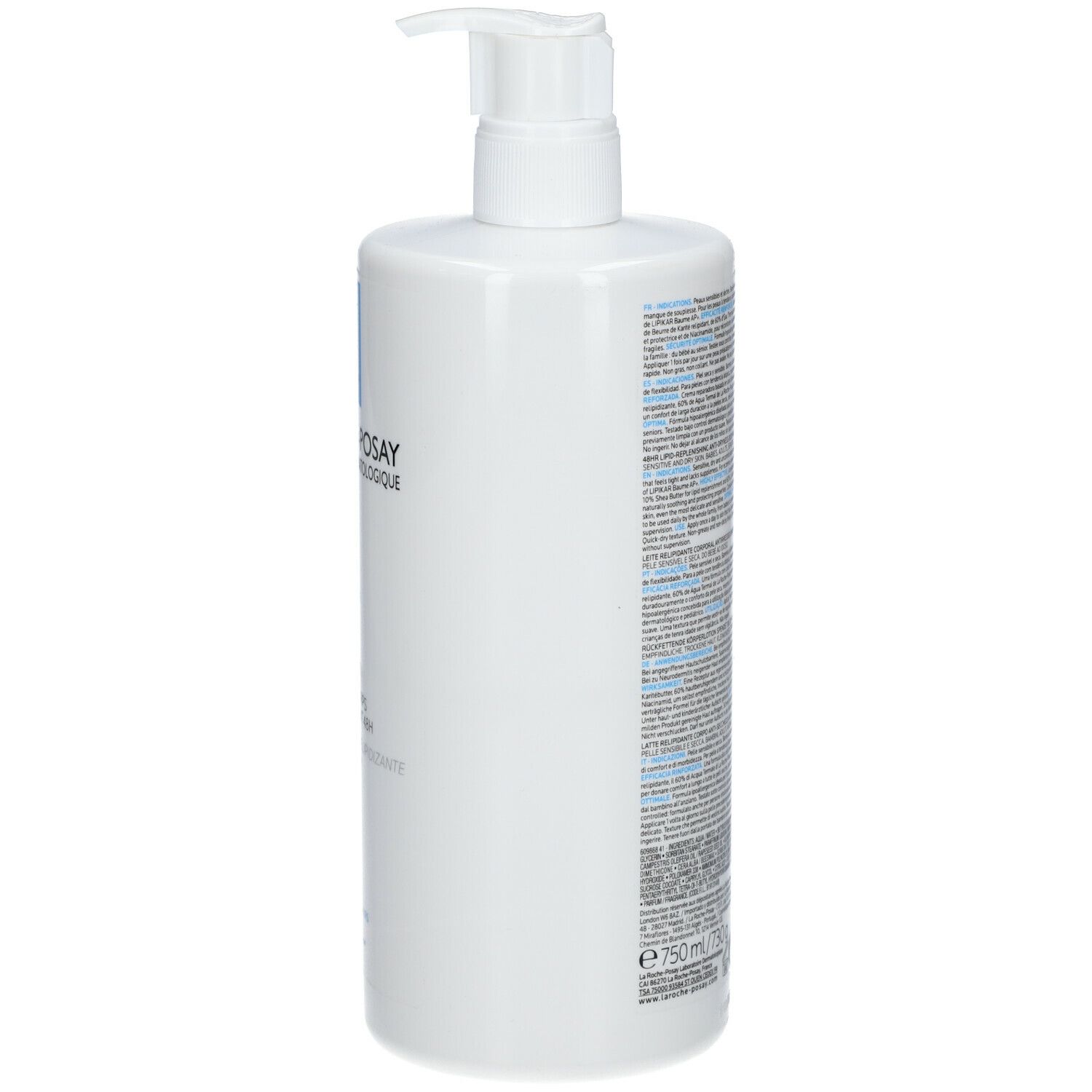 Flacone bianco La Roche-Posay LIPIKAR LOTION con pompa. Scritta: LIPIKAR LAIT. Retro con testo.