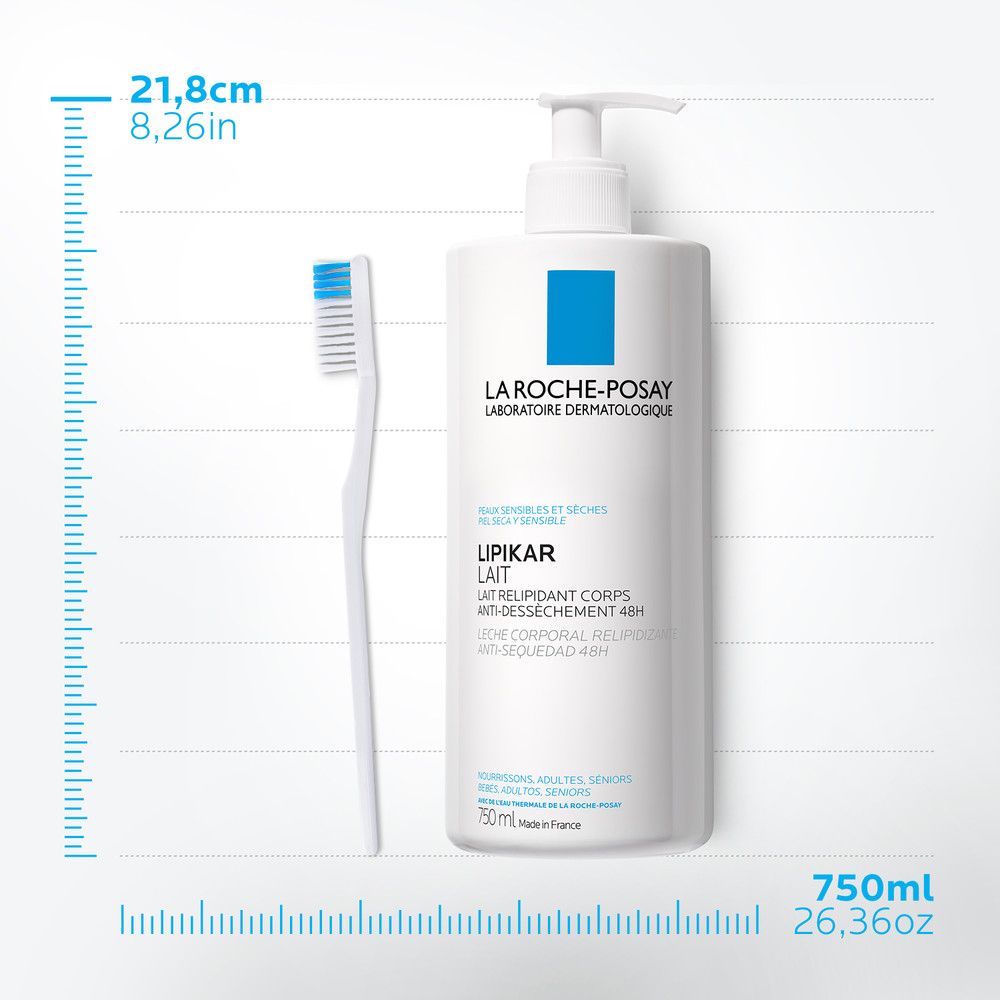 Flacone La Roche-Posay LIPIKAR LOTION con pompa e spazzolino. Dimensioni: 21,8 cm/8,26 pollici. 750ml/26,36oz.