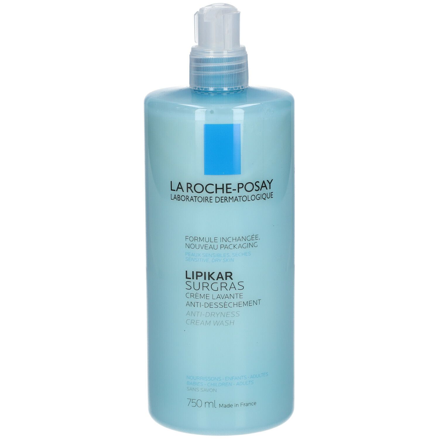 Hellblaue Flasche mit Dosierpumpe. Aufschrift: La Roche-Posay, Lipikar Surgras, Creme Lavante, Anti-Dessechement, Cream Wash.