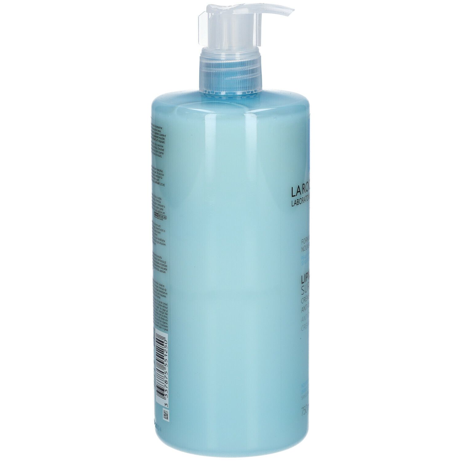 Hellblaue Flasche mit Dosierpumpe. Aufschrift: La Roche-Posay, Lipikar Surgras, Creme Lavante, Anti-Dessechement, Cream Wash. Rückseite mit Text.