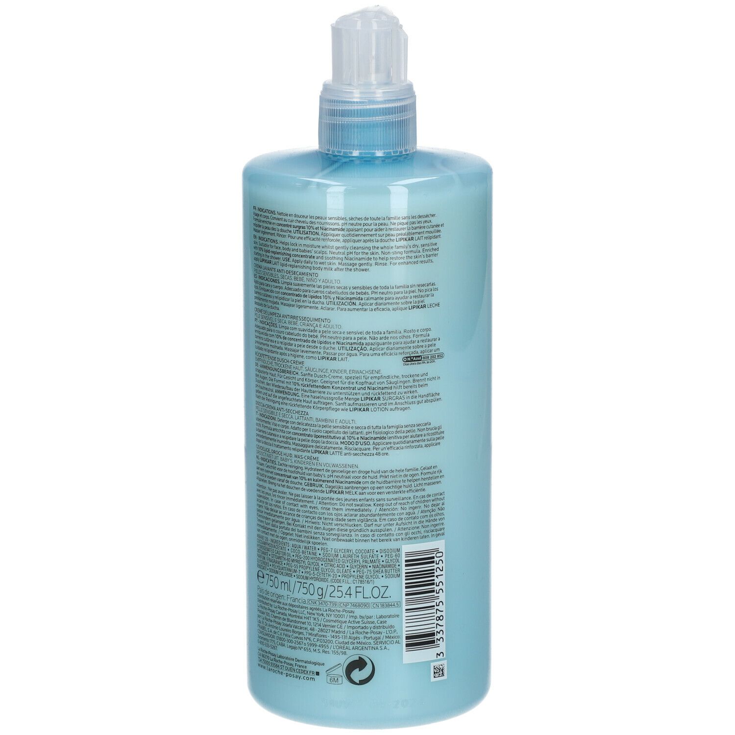 Hellblaue Flasche mit Dosierpumpe. Rückseite mit Text und Barcode. Aufschrift: La Roche-Posay, Lipikar Surgras, Creme Lavante, Anti-Dessechement.