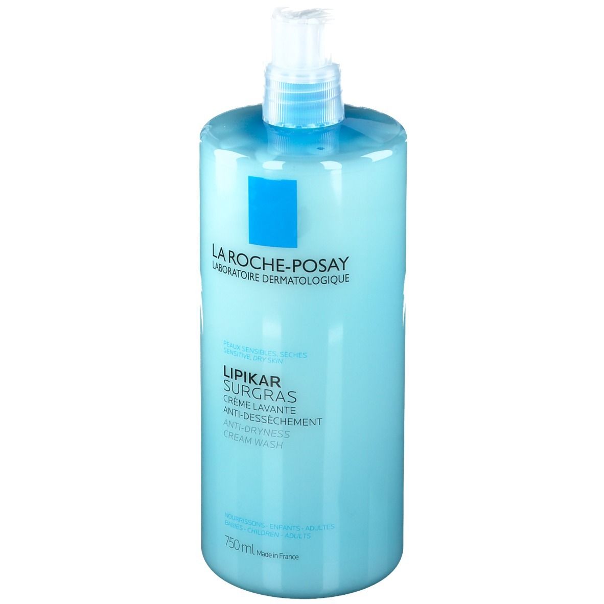 Hellblaue Flasche mit Dosierpumpe. Aufschrift: La Roche-Posay, Lipikar Surgras, Creme Lavante, Anti-Dessechement, Cream Wash. 750 ml.