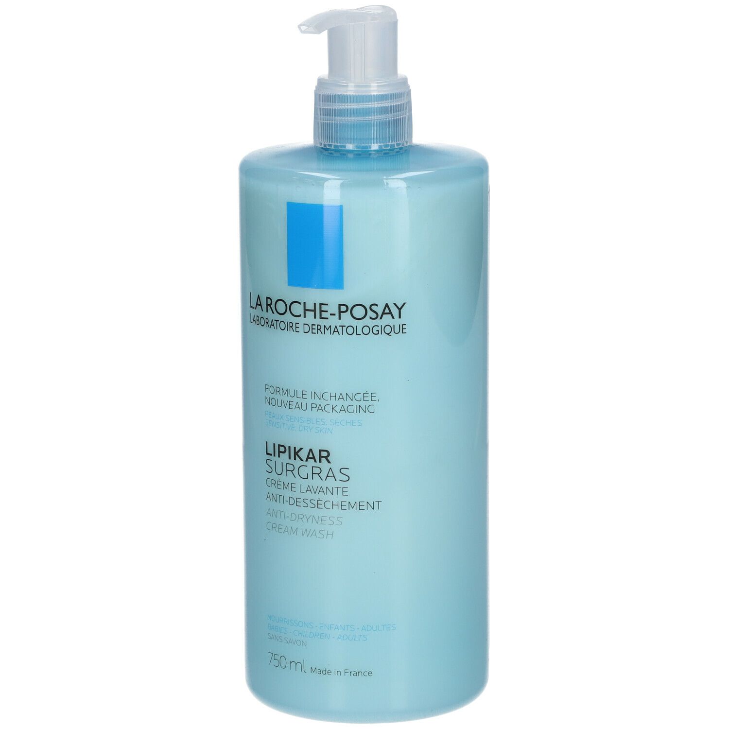 Hellblaue Flasche mit Dosierpumpe. Aufschrift: La Roche-Posay, Lipikar Surgras, Creme Lavante, Anti-Dessechement, Cream Wash. 750 ml.