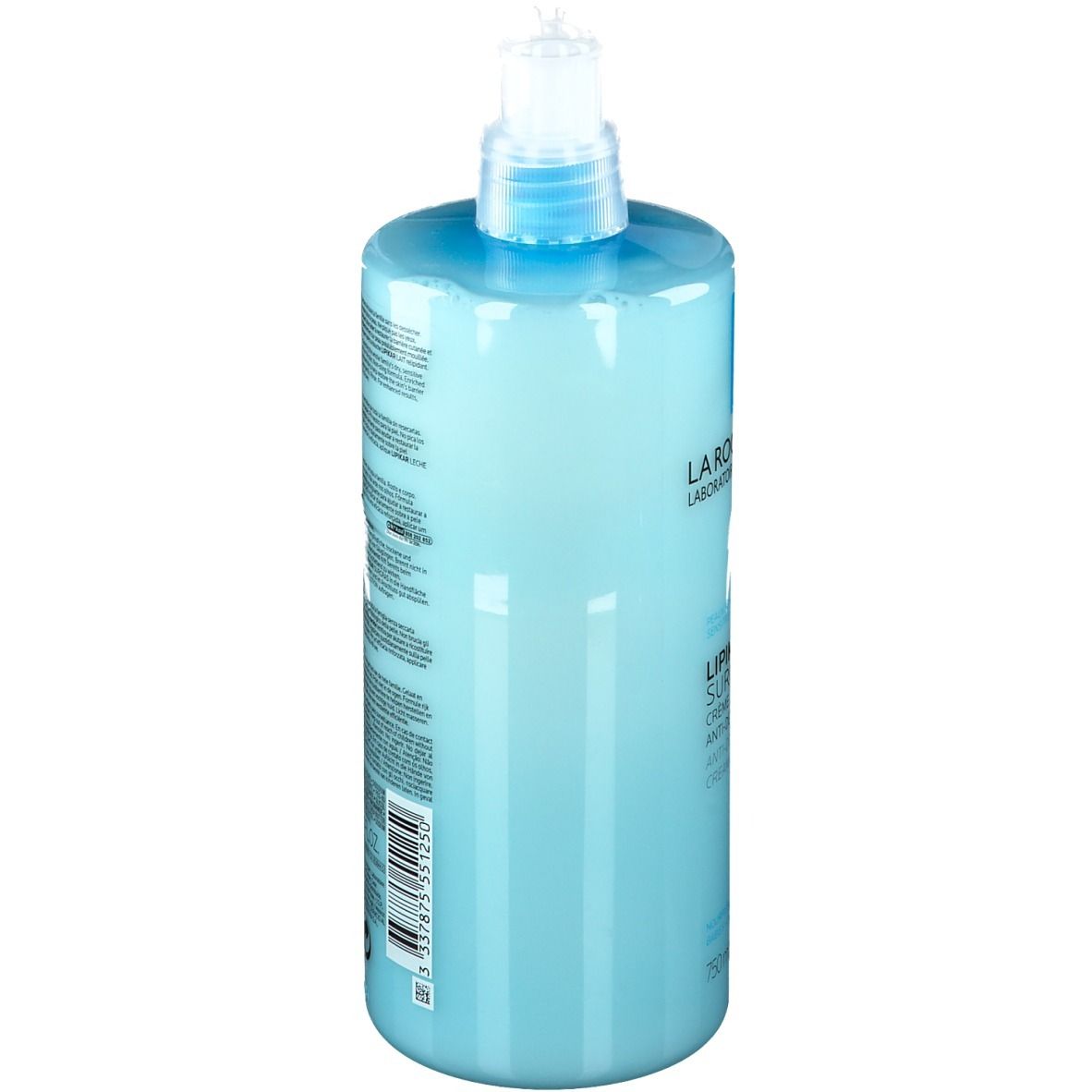 Hellblaue Flasche mit Dosierpumpe. Rückseite mit Text und Barcode. Aufschrift: La Roche-Posay, Lipikar Surgras, Creme Lavante, Anti-Dessechement.
