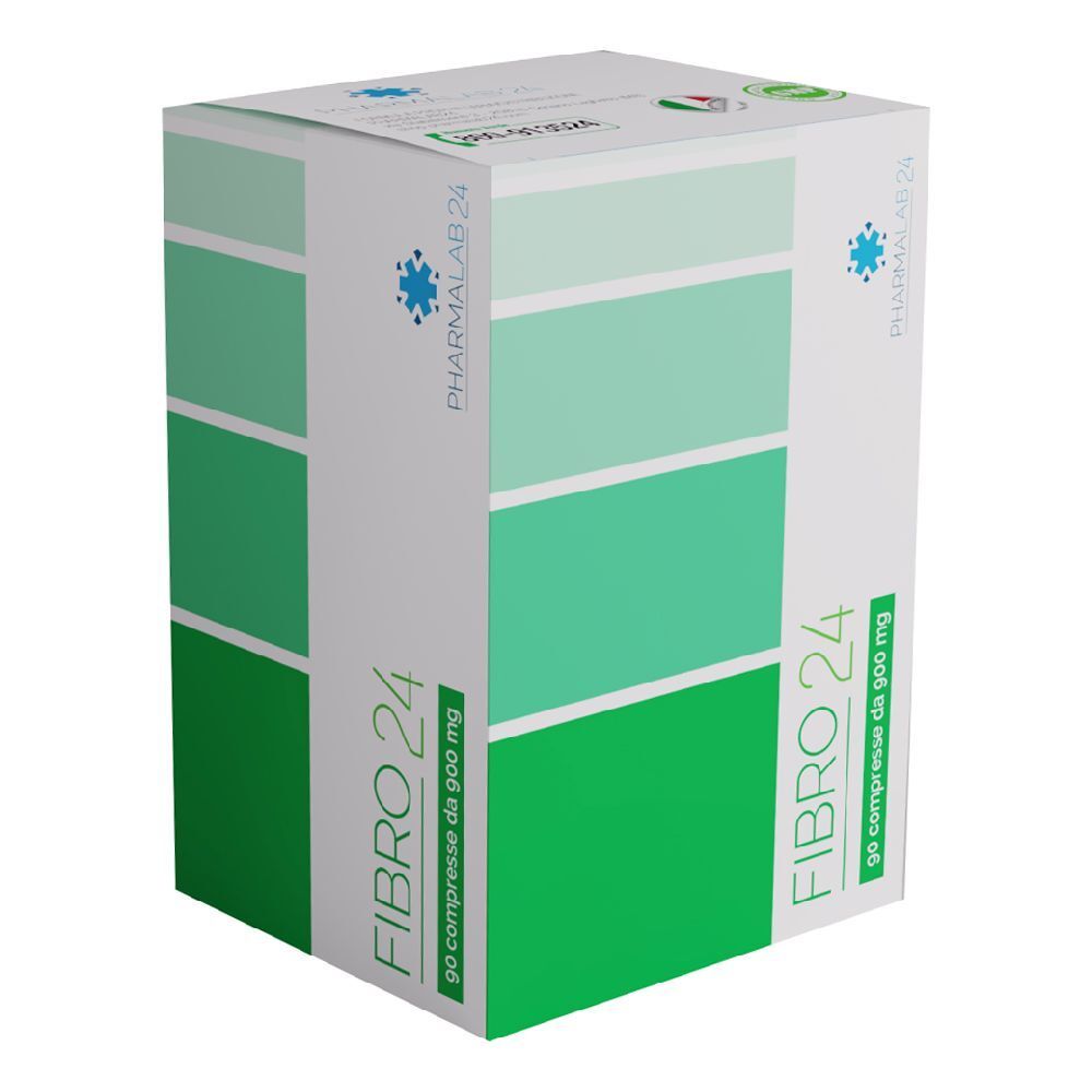 Scatola bianca con riquadri verdi. Scritta FIBRO 24, 90 compresse da 900 mg. Logo PHARMALAB 24.