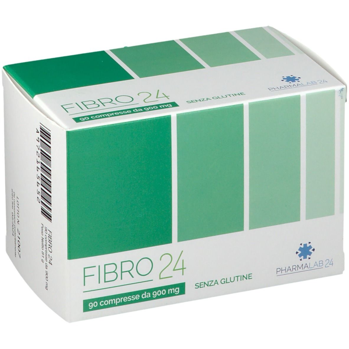 Scatola bianca con riquadri verdi. Scritta FIBRO 24, 90 compresse da 900 mg, SENZA GLUTINE. Logo PHARMALAB 24.