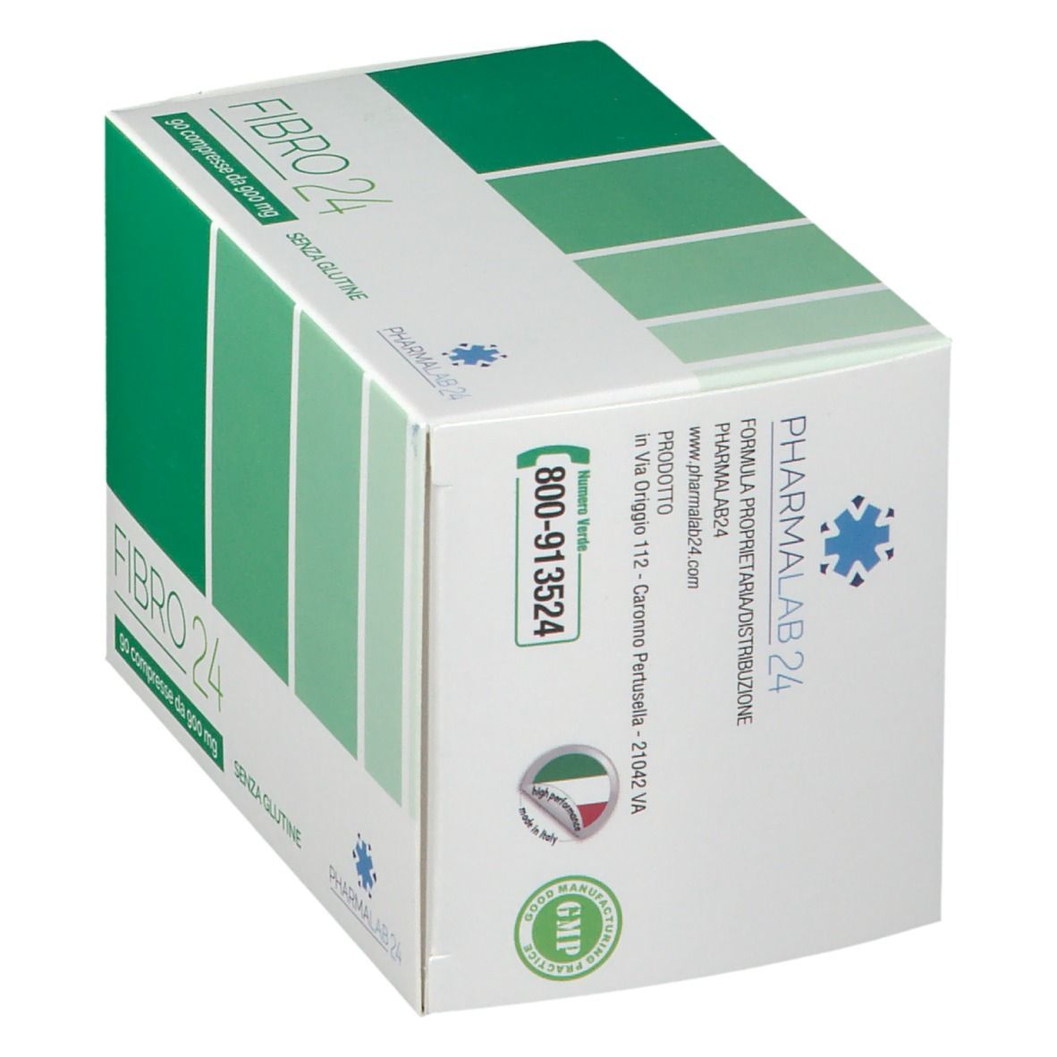 Scatola bianca con riquadri verdi. Scritta FIBRO 24, 90 compresse da 900 mg, SENZA GLUTINE. Logo PHARMALAB 24.