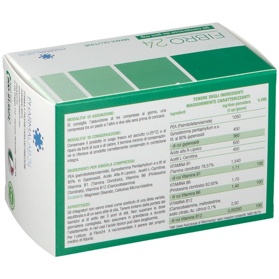 Scatola bianca con riquadri verdi. Scritta FIBRO 24, 90 compresse da 900 mg, SENZA GLUTINE. Logo PHARMALAB 24.
