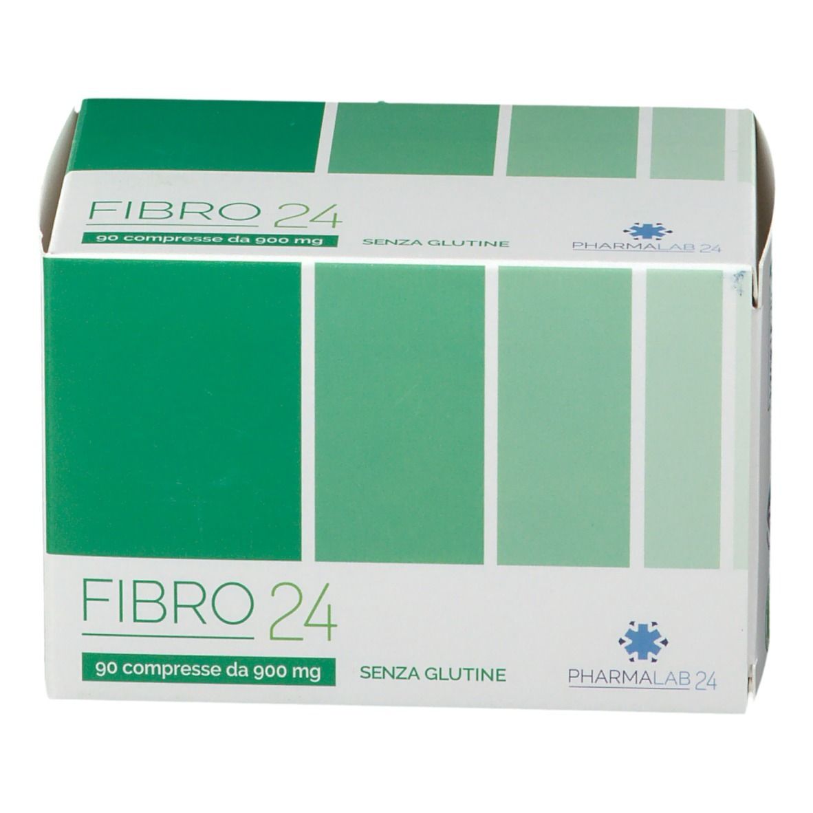 Scatola bianca con riquadri verdi. Scritta FIBRO 24, 90 compresse da 900 mg, SENZA GLUTINE. Logo PHARMALAB 24.