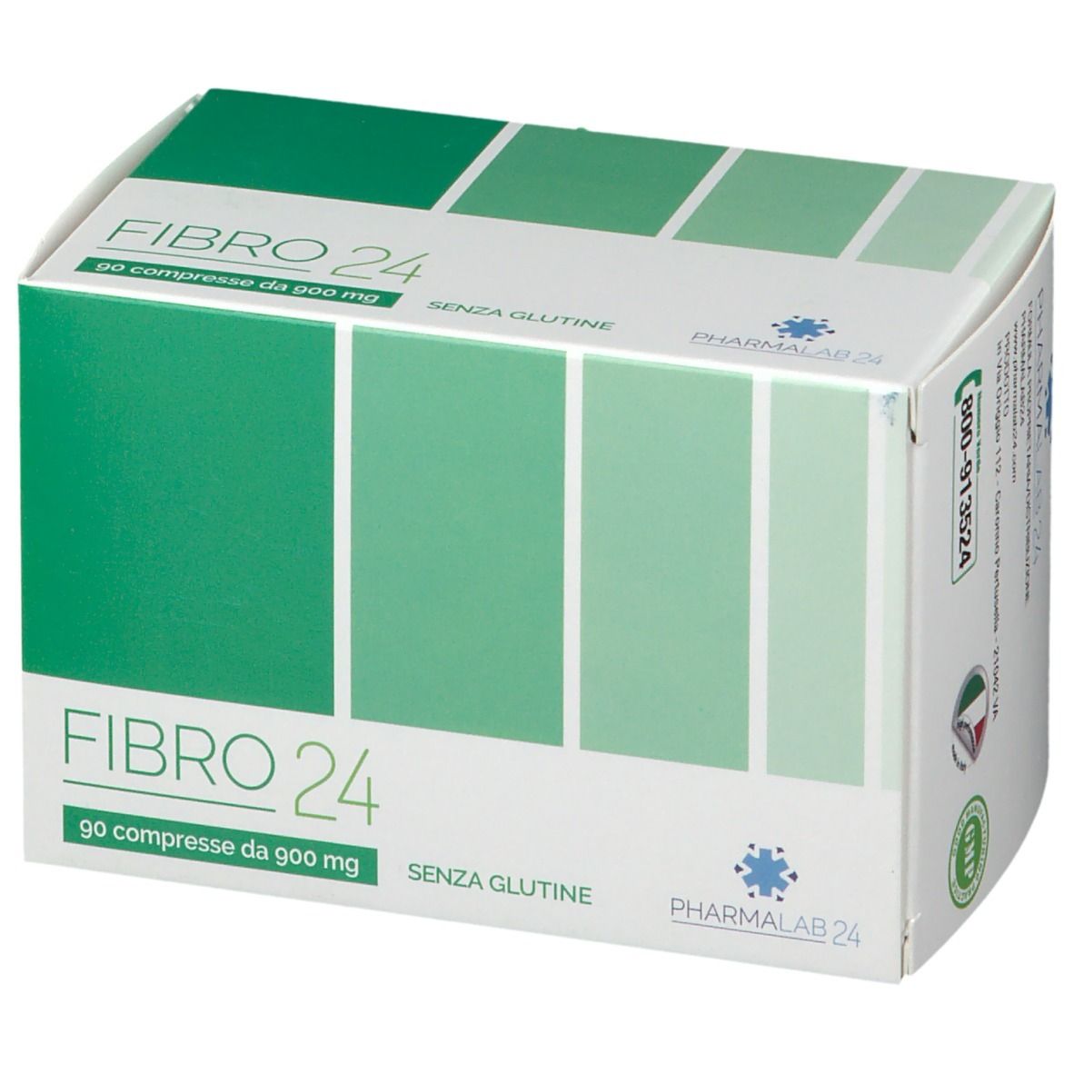 Scatola bianca con riquadri verdi. Scritta FIBRO 24, 90 compresse da 900 mg, SENZA GLUTINE. Logo PHARMALAB 24.