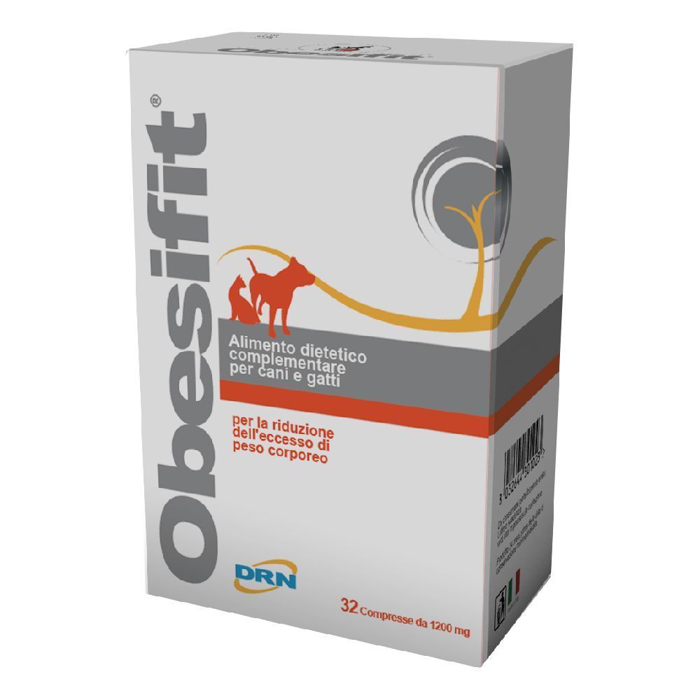 Scatola Obesifit. 32 compresse. Alimento complementare per cani e gatti. Logo DRN.