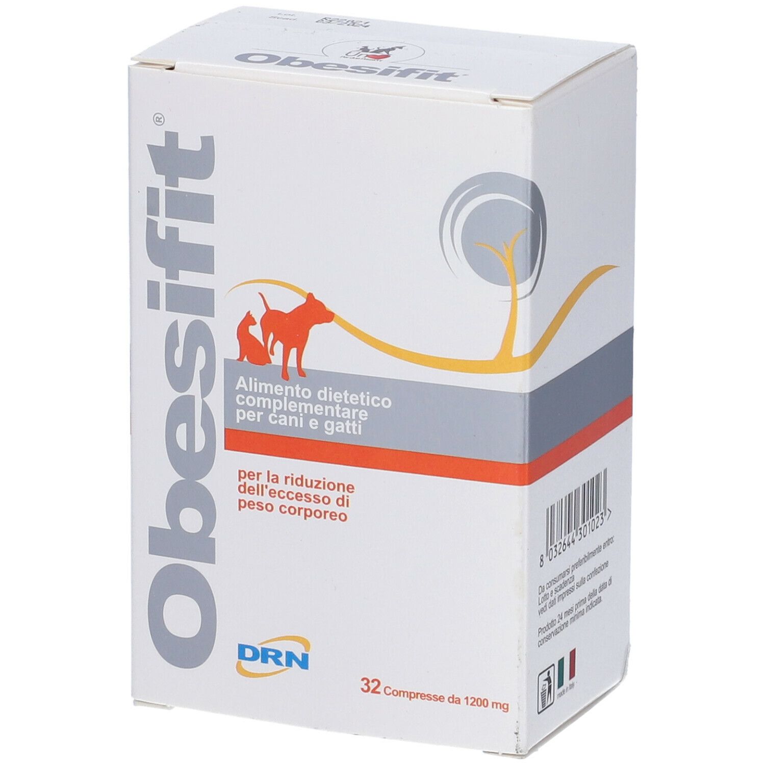 Scatola Obesifit. 32 compresse. Alimento complementare per cani e gatti. Logo DRN.
