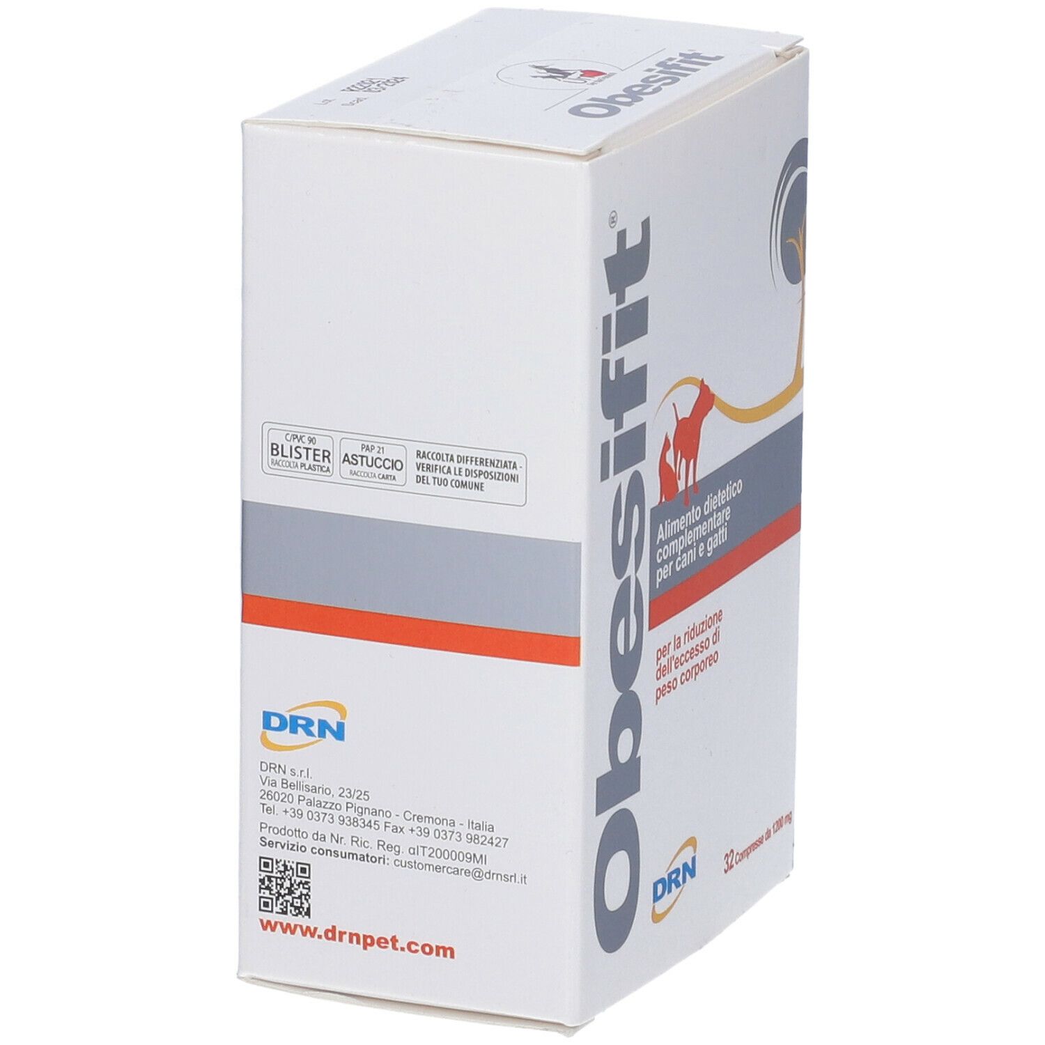 Scatola Obesifit. 32 compresse. Alimento complementare per cani e gatti. Logo DRN.