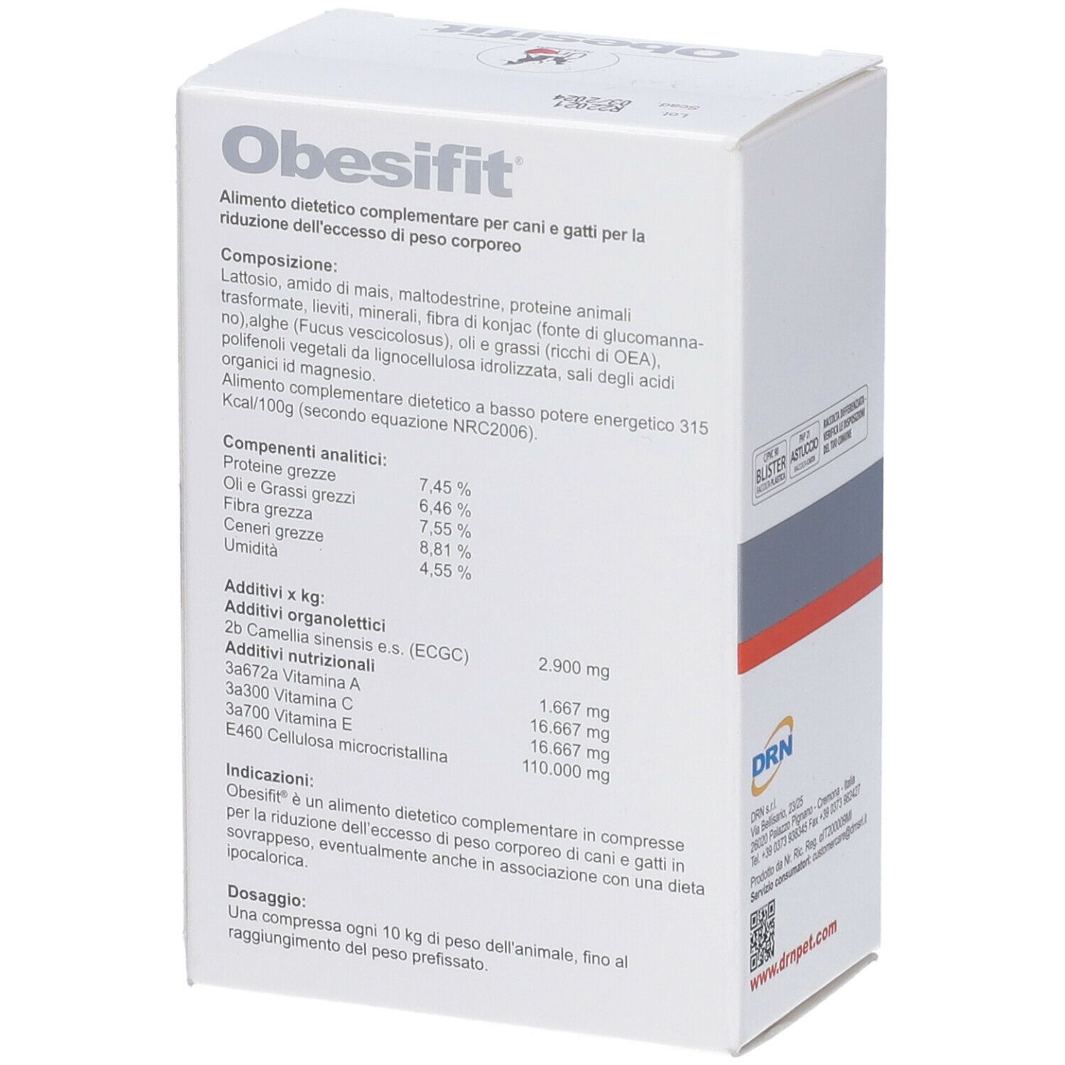 Scatola Obesifit, retro con ingredienti e informazioni nutrizionali. Logo DRN.
