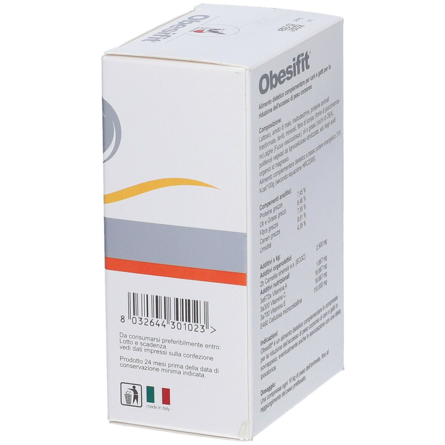 Scatola Obesifit, retro con ingredienti e informazioni nutrizionali. Logo DRN.