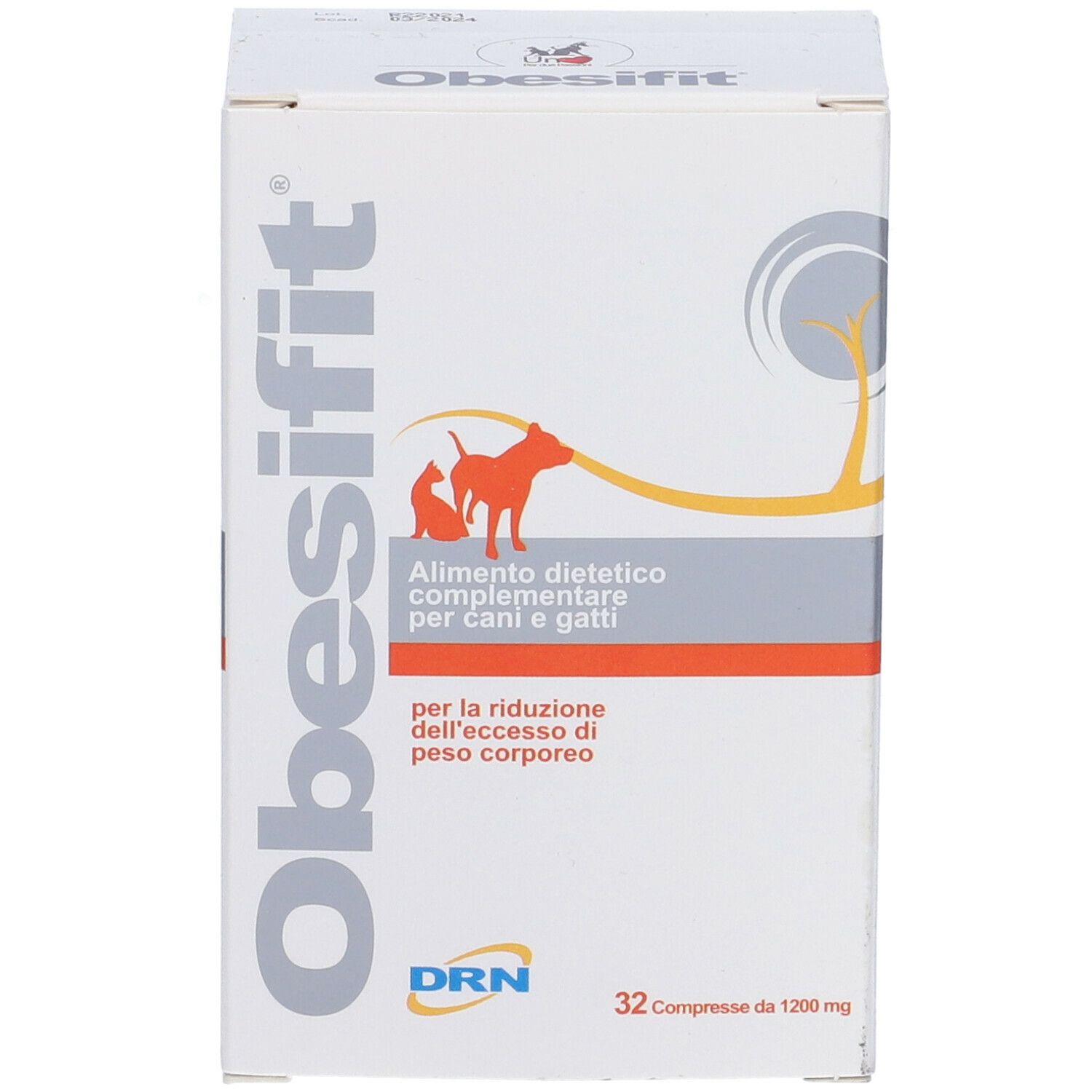 Scatola Obesifit. 32 compresse. Alimento complementare per cani e gatti. Logo DRN.