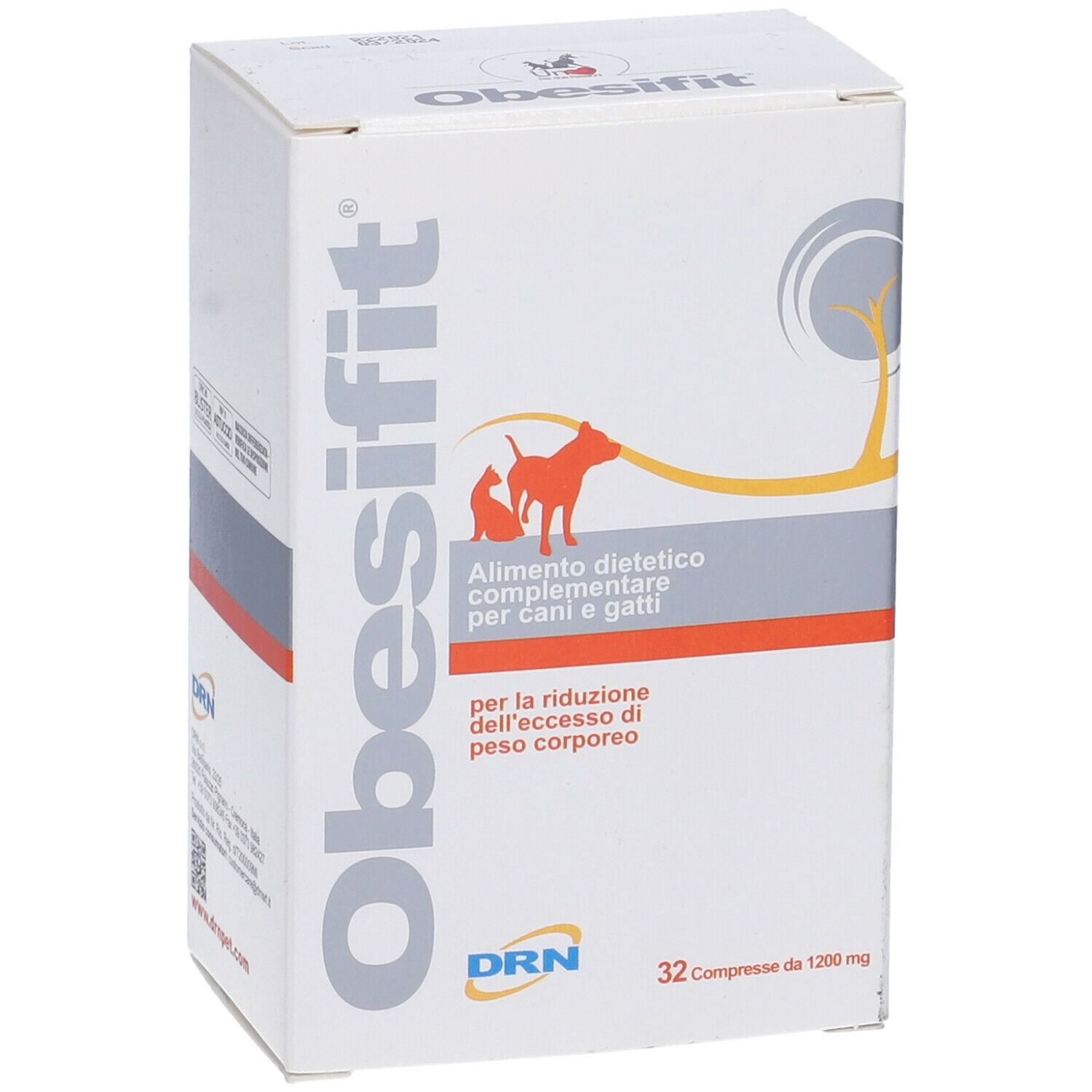 Scatola Obesifit. 32 compresse. Alimento complementare per cani e gatti. Logo DRN.