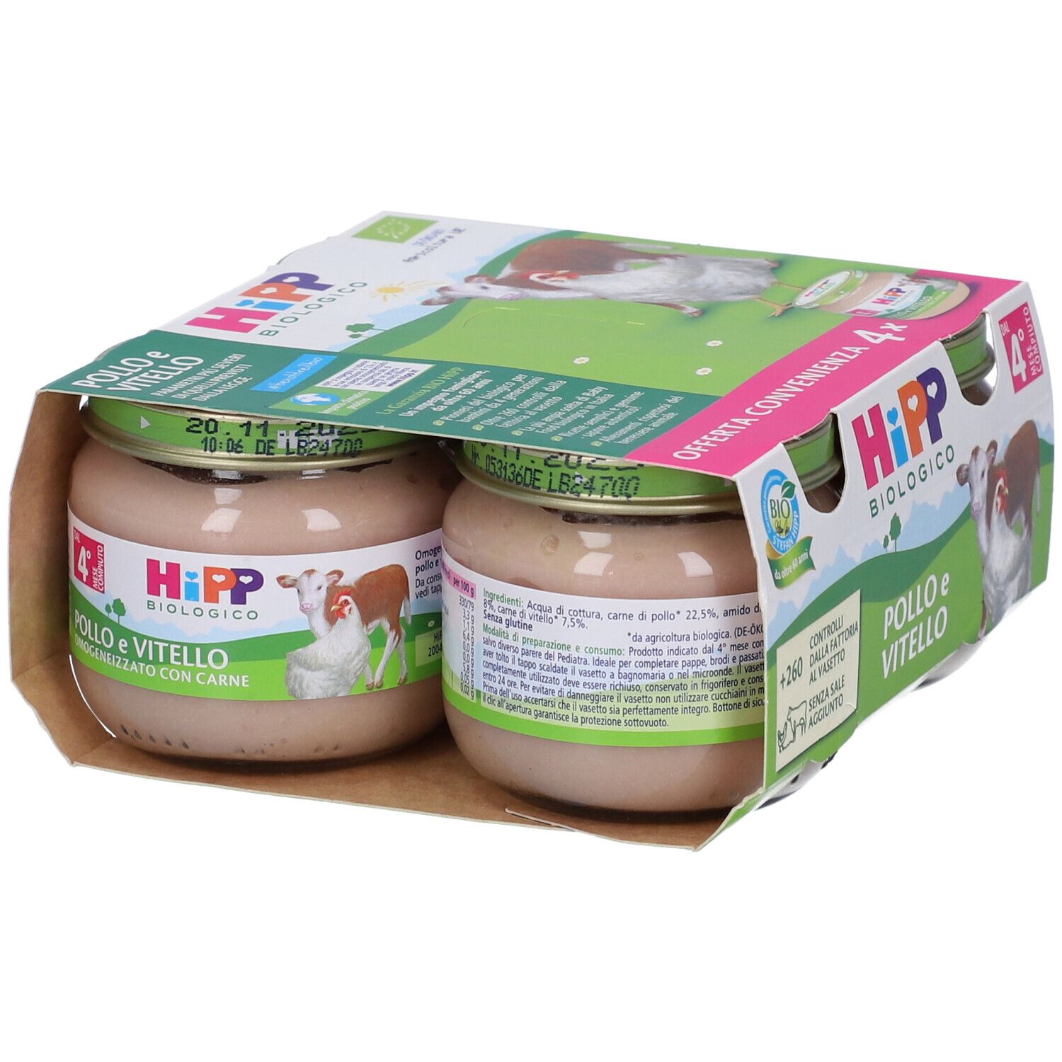 Confezione da due vasetti HiPP Biologico Pollo e Vitello. Scritte: marchio bio, mucca e pollo, testo.