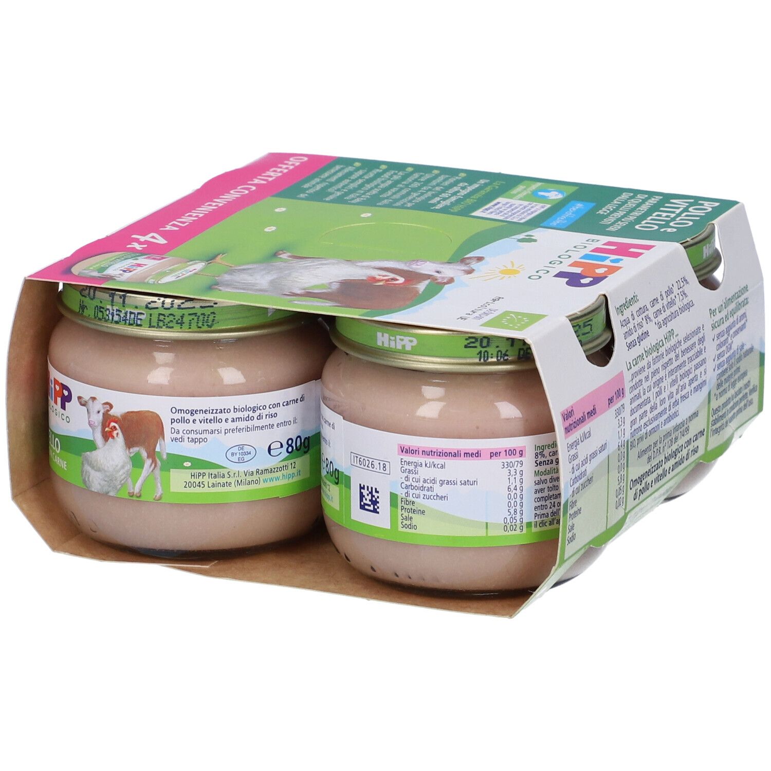 Confezione da due vasetti HiPP Biologico Pollo e Vitello. Scritte: marchio bio, mucca e pollo, testo.