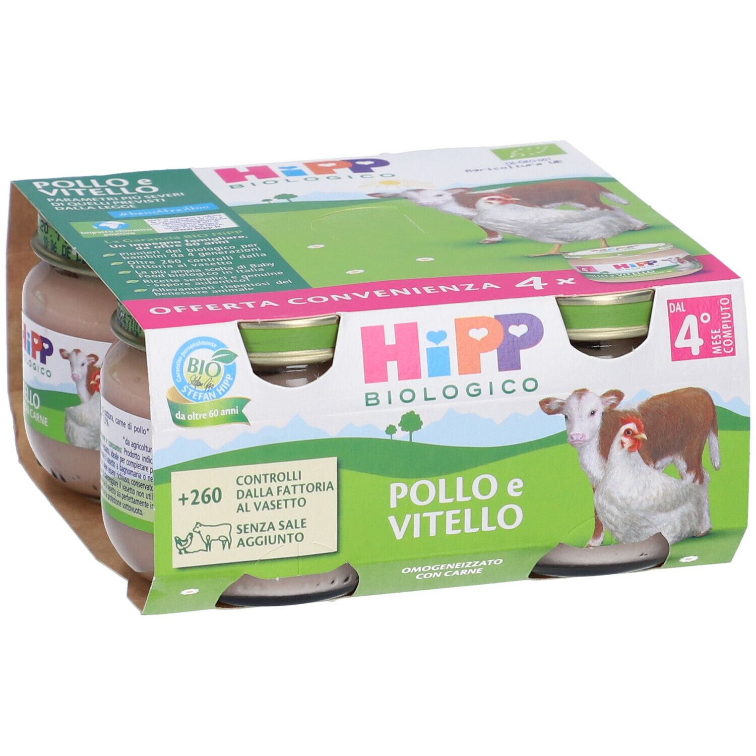 Confezione da quattro vasetti HiPP Biologico Pollo e Vitello. Scritte: marchio bio, mucca e pollo, testo.