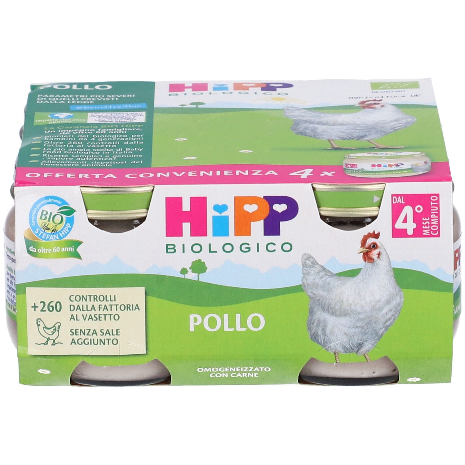 Confezione HiPP Biologico Pollo con quattro vasetti. Illustrazione di pollo, logo bio, testo. Confezione in cartone.