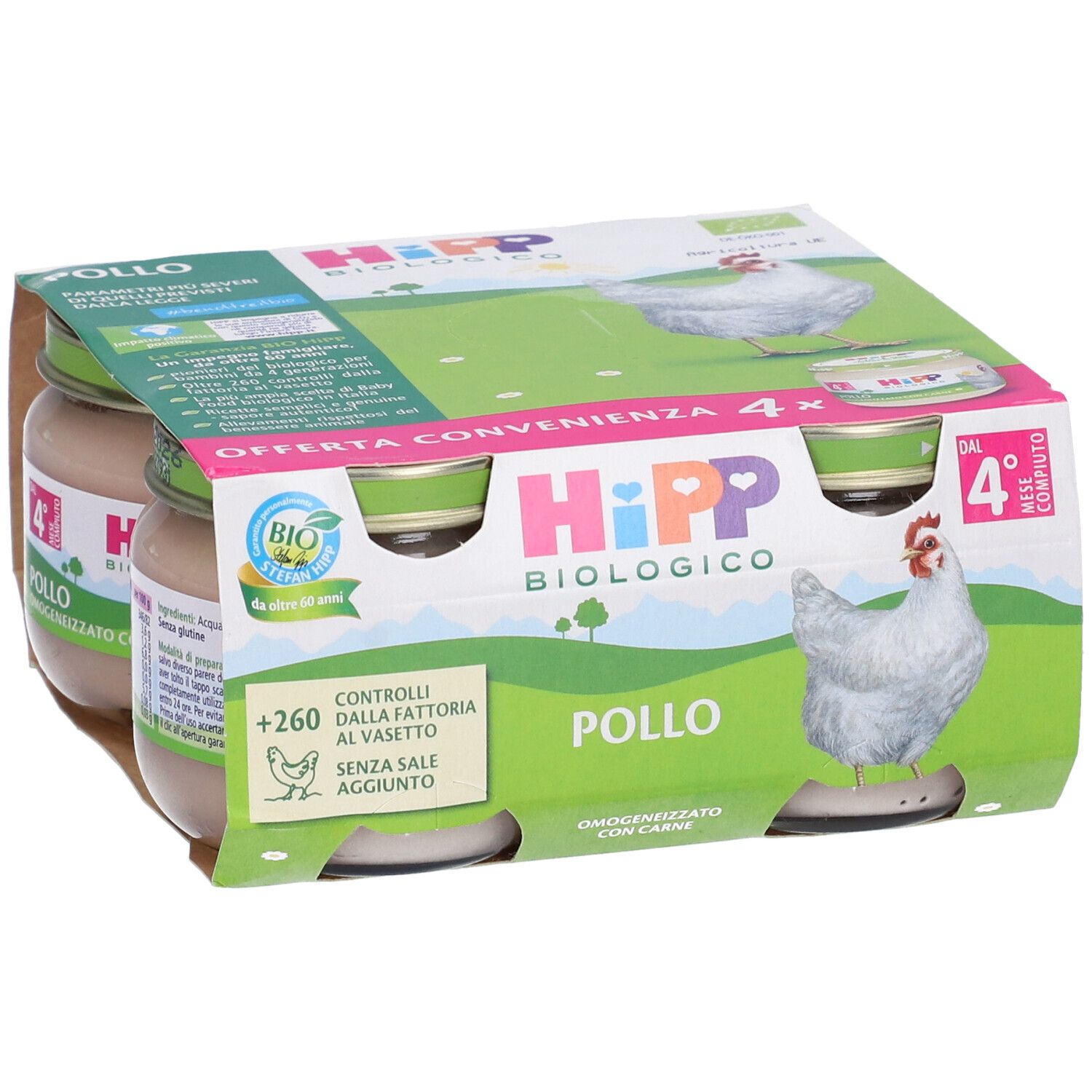 Confezione HiPP Biologico Pollo con quattro vasetti. Illustrazione di pollo, logo bio, testo. Confezione in cartone.