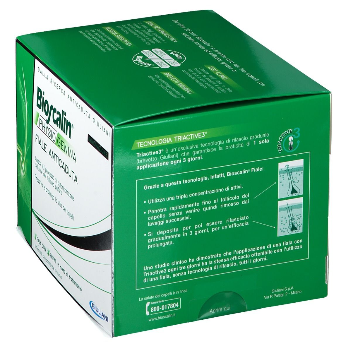 Scatola verde con testo e grafici. Contiene informazioni sulla tecnologia Triactive3 ed esempi di applicazione. Logo Giuliani.