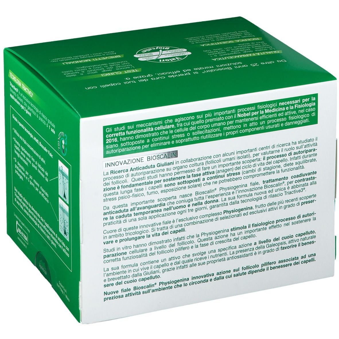 Scatola verde con testo. Descrive il funzionamento di Bioscalin Physiogenina. Logo Giuliani. Contiene informazioni scientifiche.