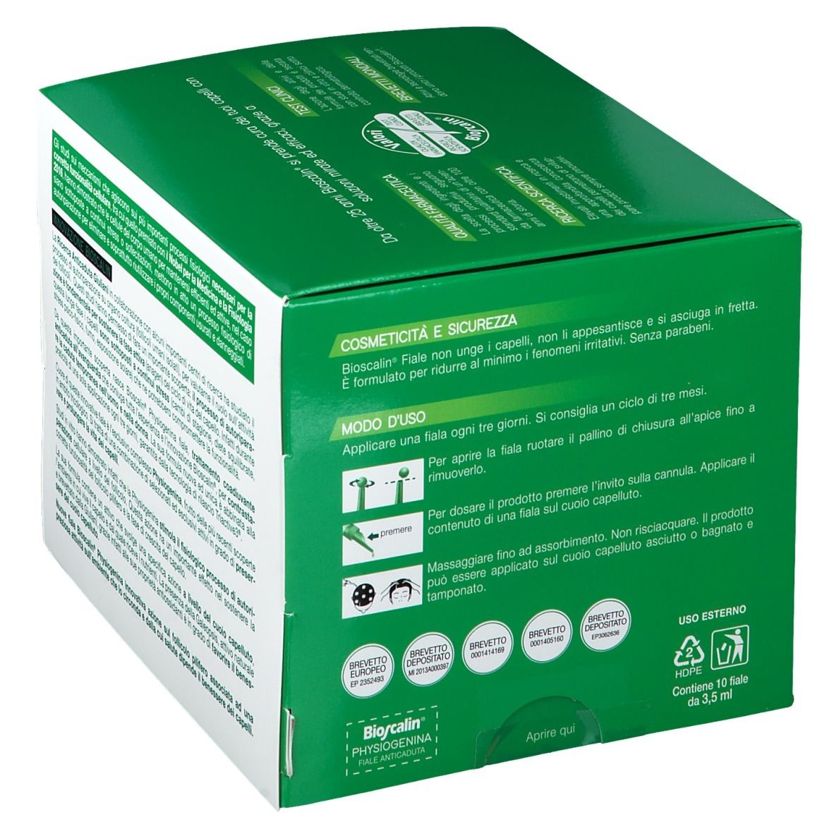 Scatola verde con testo. Contiene informazioni su uso, ingredienti e sicurezza. Logo Giuliani. Illustrazioni.