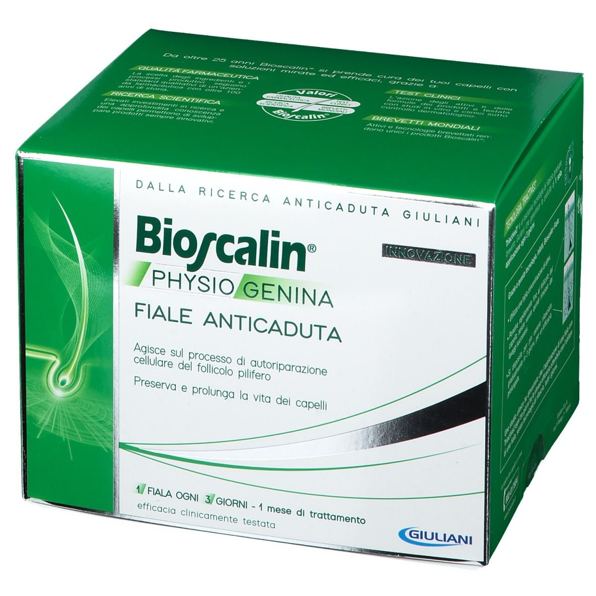 Scatola verde con Bioscalin Physiogenina Fiale Anticaduta. Testo e logo sul fronte. Logo Giuliani in basso a destra.