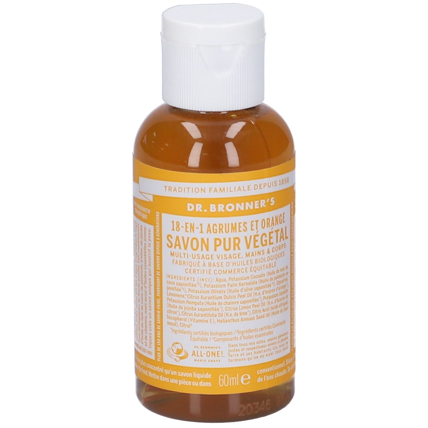 Dr. Bronner's 18-in-1 Citrus Orange Seife, 60ml Flasche.