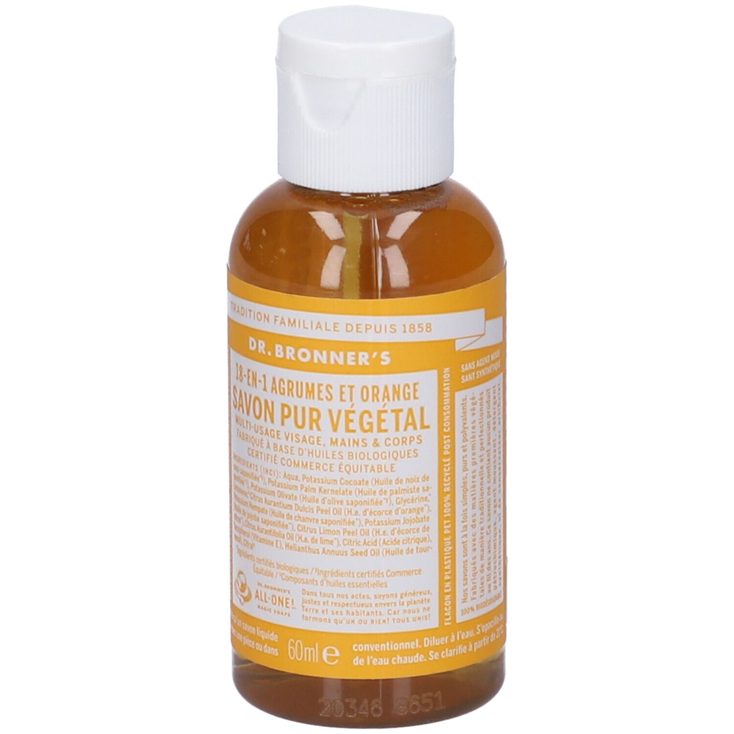 Dr. Bronner's 18-in-1 Zitrus & Orange Seife, 60ml Flasche.