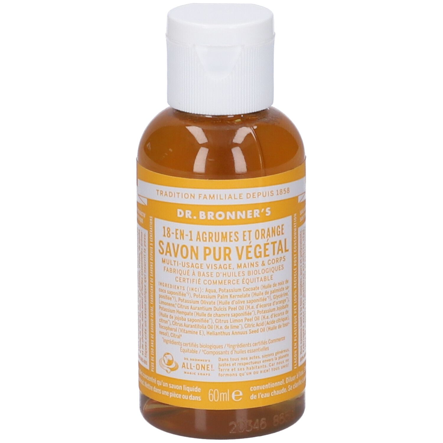 Dr. Bronner's 18-in-1 Citrus Orange Seife, 60ml. Klare Flüssigseife in durchsichtiger Flasche mit weißem Klappdeckel.