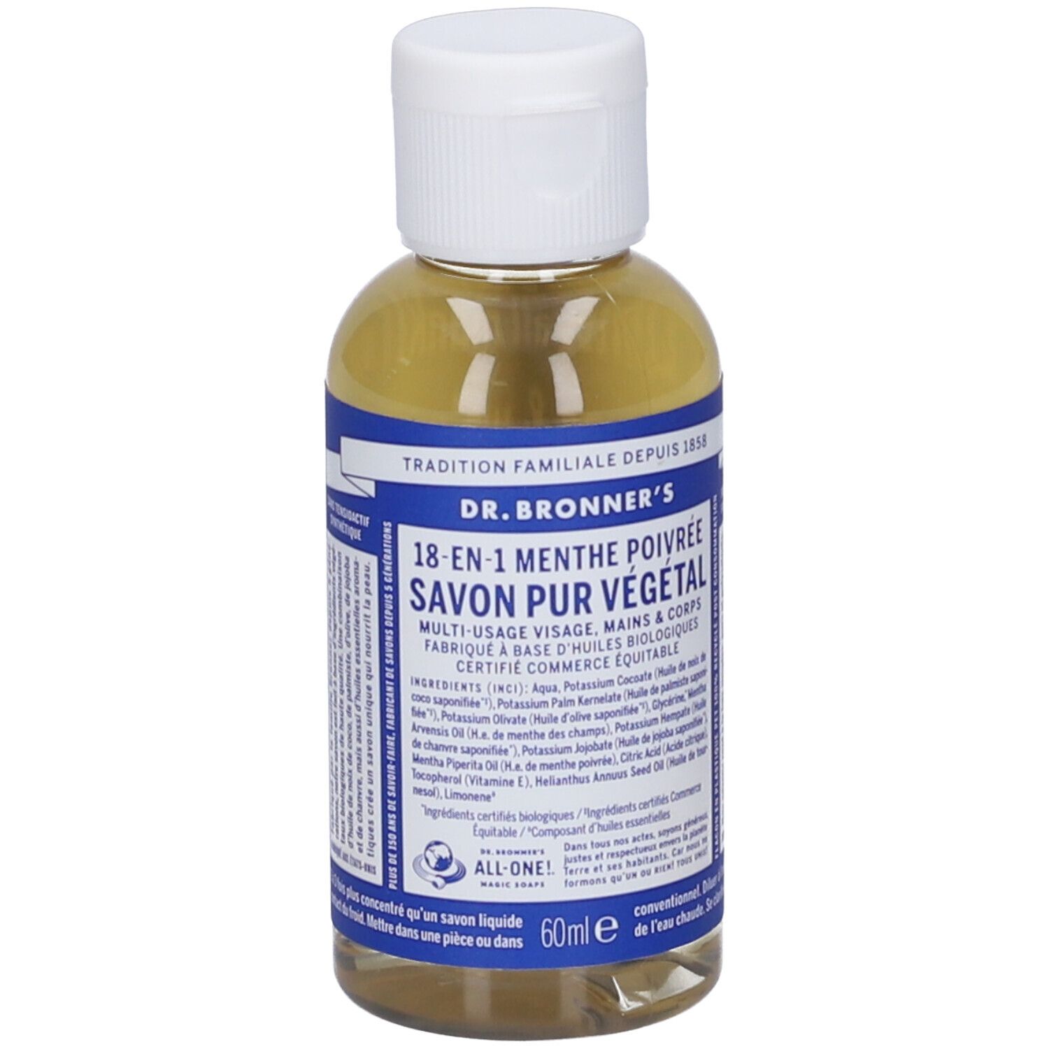 Dr. Bronner's 18-in-1 Pfefferminz-Seife, 60ml, klare Flüssigkeit in transparenter Flasche mit weißem Deckel.