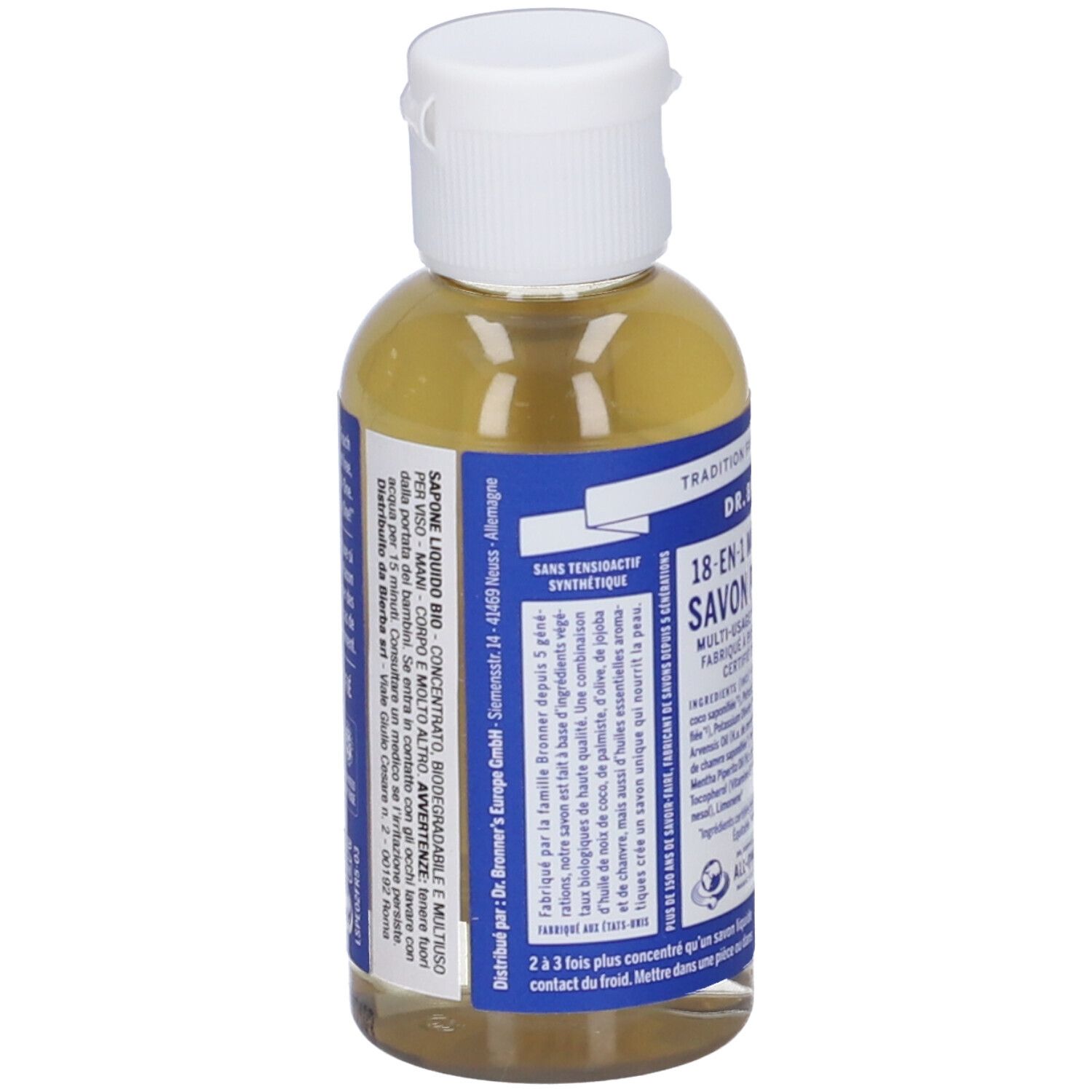 Klare Flüssigseife in durchsichtiger Flasche mit weißem Klappdeckel. Gelbe Flüssigkeit. Blaue und weiße Etiketten mit Text.