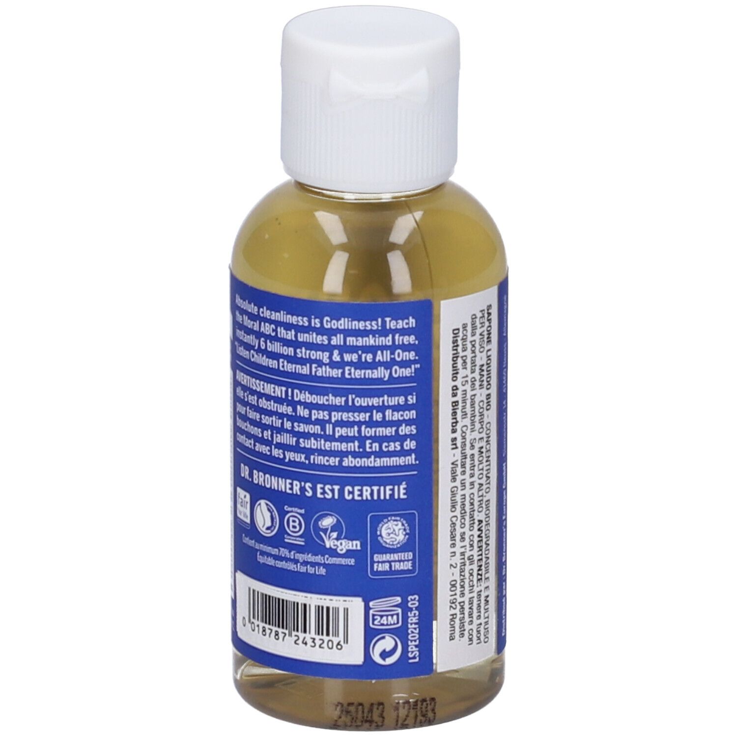 Kleine durchsichtige Flasche mit weißem Verschluss, gefüllt mit gelblicher Flüssigkeit. Blaue Etiketten mit Text und Zertifizierungen.