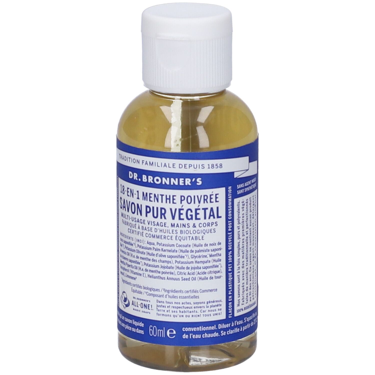 Dr. Bronner's 60ml Pfefferminzseife in klarer Flasche mit weißem Deckel.