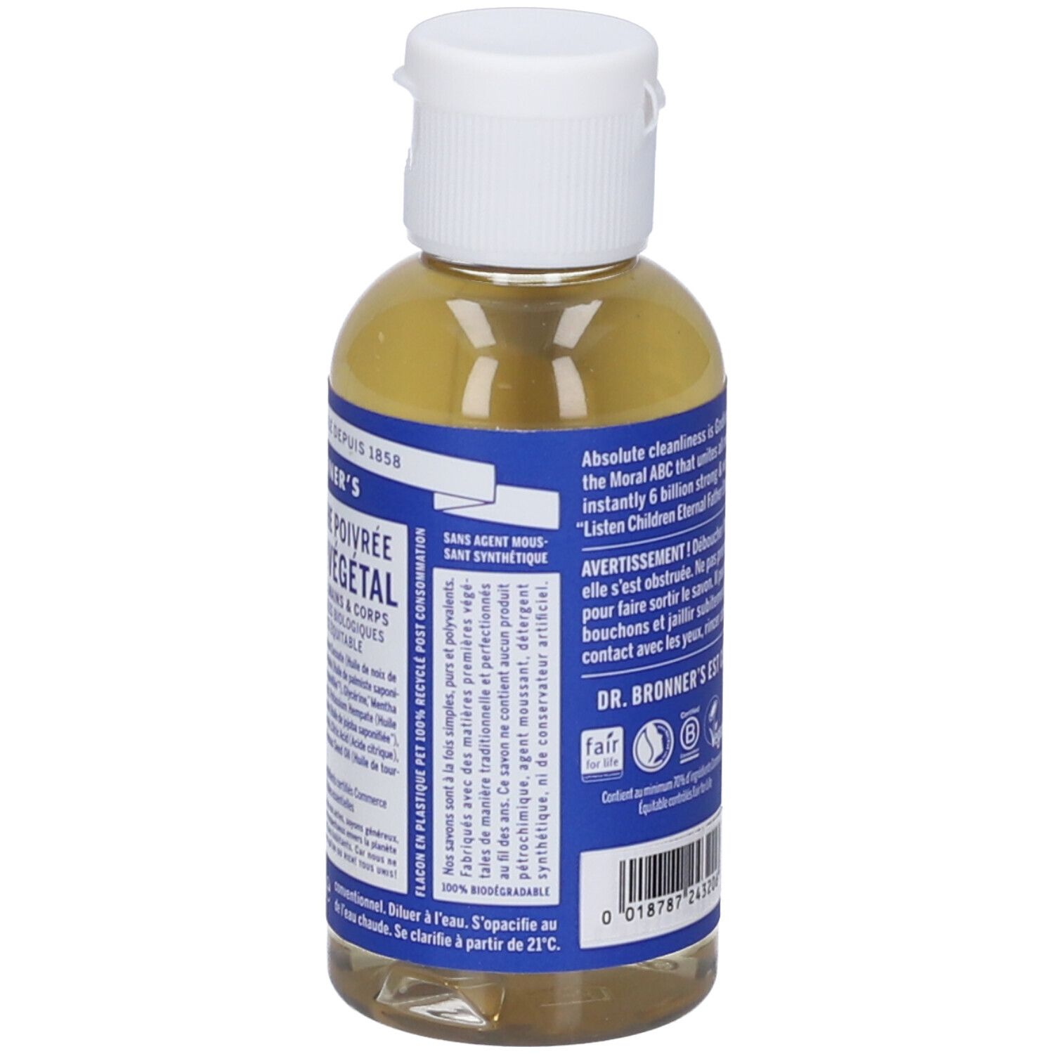 Dr. Bronner's Pfefferminz-Körperseife in einer durchsichtigen Flasche mit weißem Deckel.