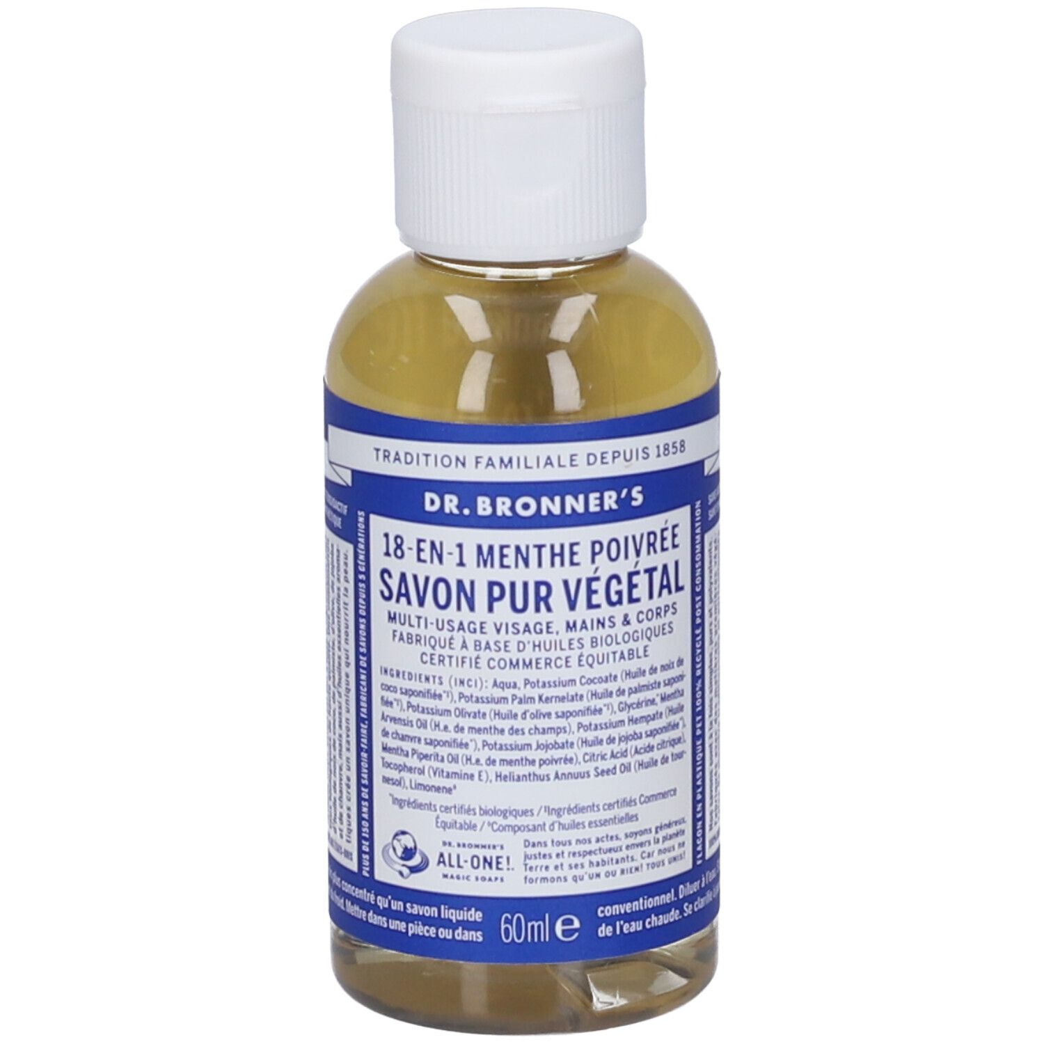 Dr. Bronner's 18-in-1 Pfefferminz Seife, 60ml, klare Flüssigkeit in transparenter Flasche mit weißem Deckel.