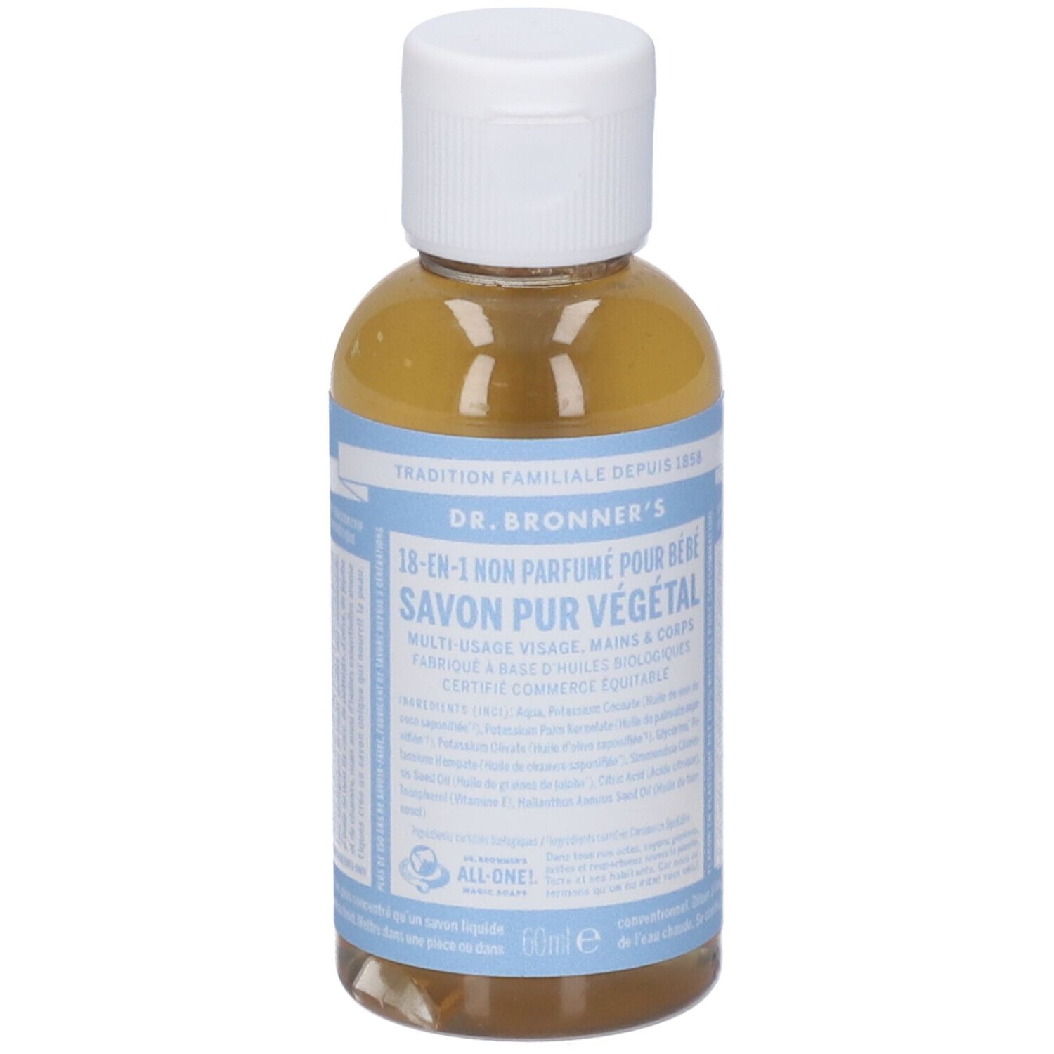 Dr. Bronner's 18-in-1 Baby Mild Flüssigseife, 60ml Flasche.