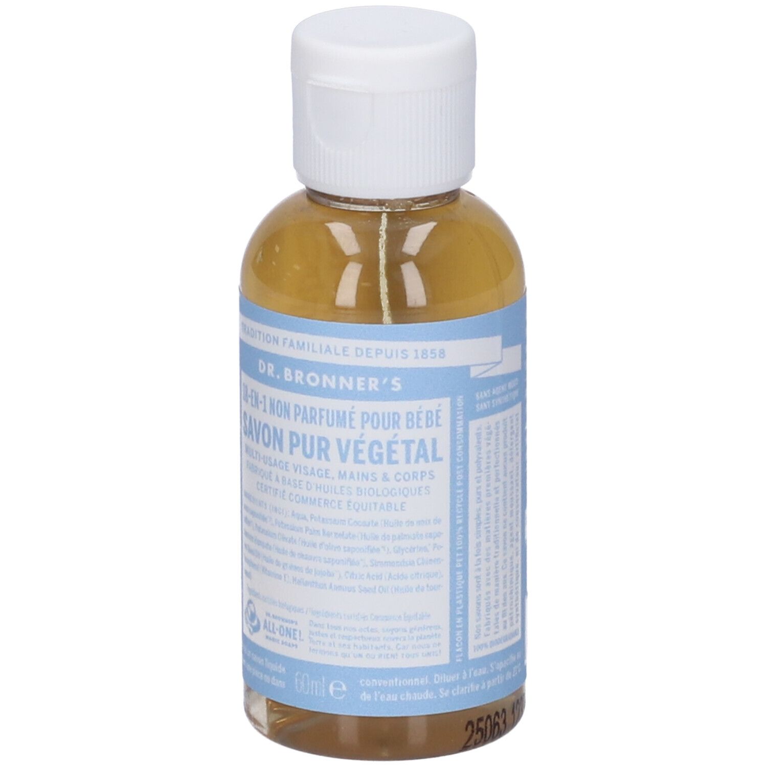 Dr. Bronner's 60ml Baby Seife in klarer Flasche mit blauem Etikett.