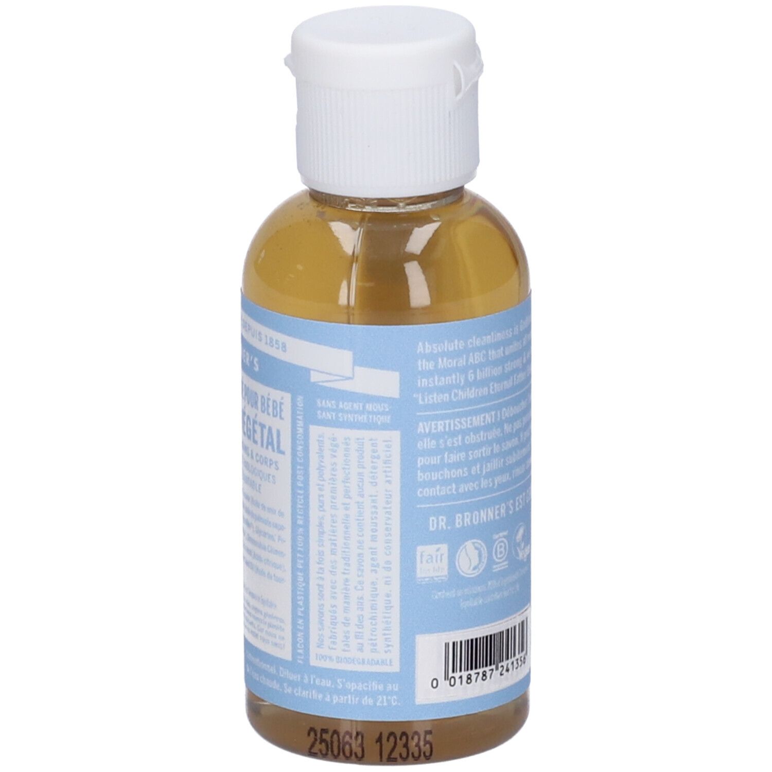 Kleine braune Glasflasche mit weißem Klappdeckel, gefüllt mit gelblicher Flüssigkeit. Hellblaues Etikett mit Text und Barcode.