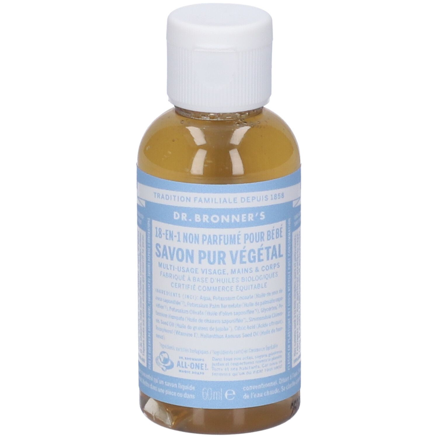 Dr. Bronner's 18-in-1 Baby Soap, 60ml, klare Flüssigseife in durchsichtiger Flasche mit weißem Deckel.