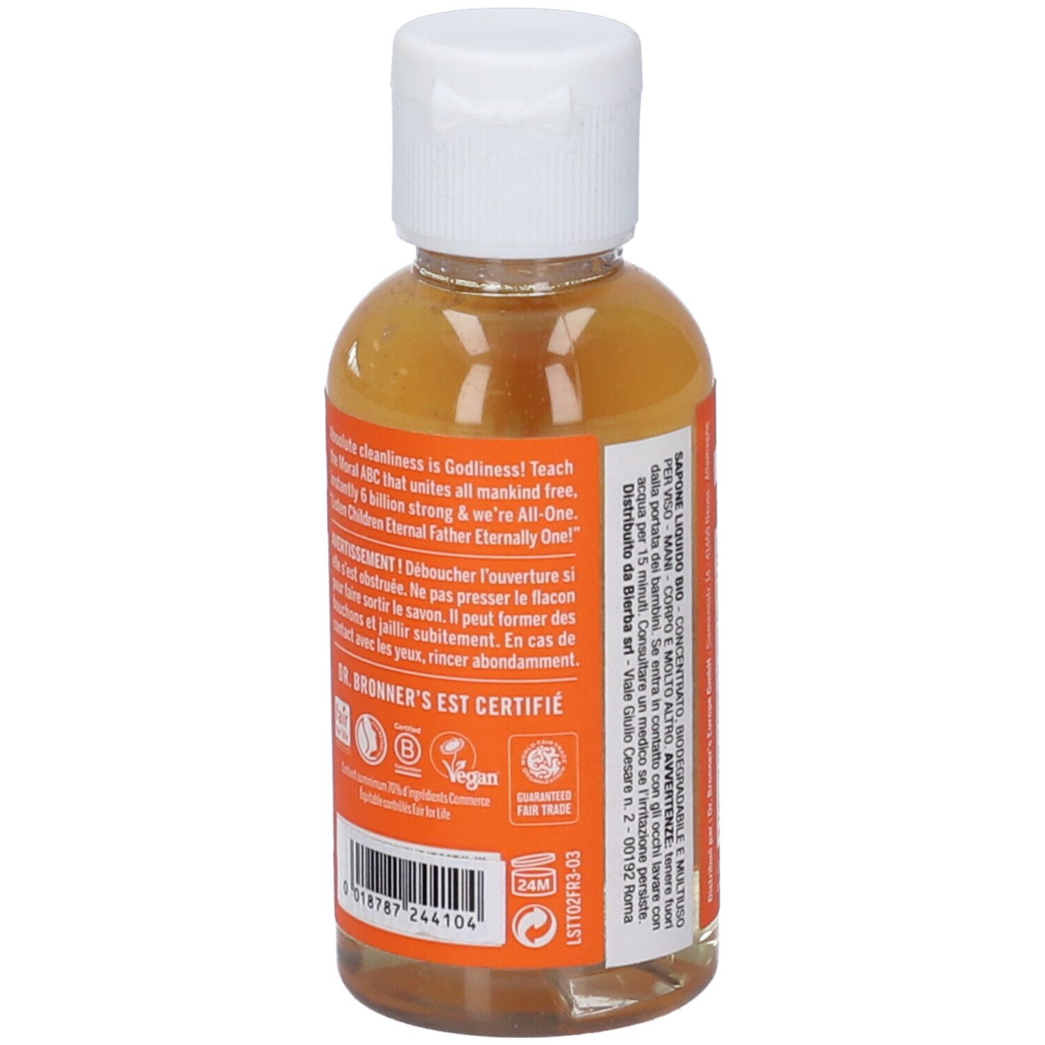 Kleine durchsichtige Flasche mit orangefarbenem Etikett und weißem Klappdeckel. Enthält eine gelbe Flüssigkeit.