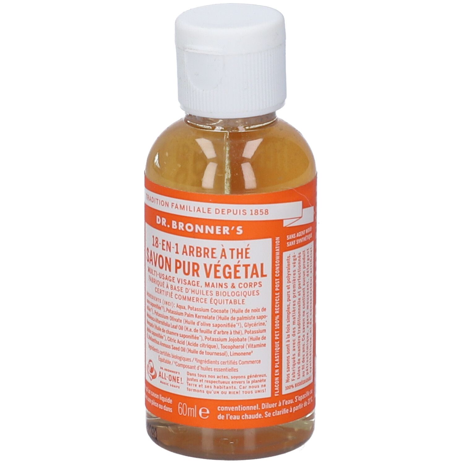 Dr. Bronner's 18-in-1 Teebaumöl Seife, 60ml, in durchsichtiger Flasche mit weißem Deckel.