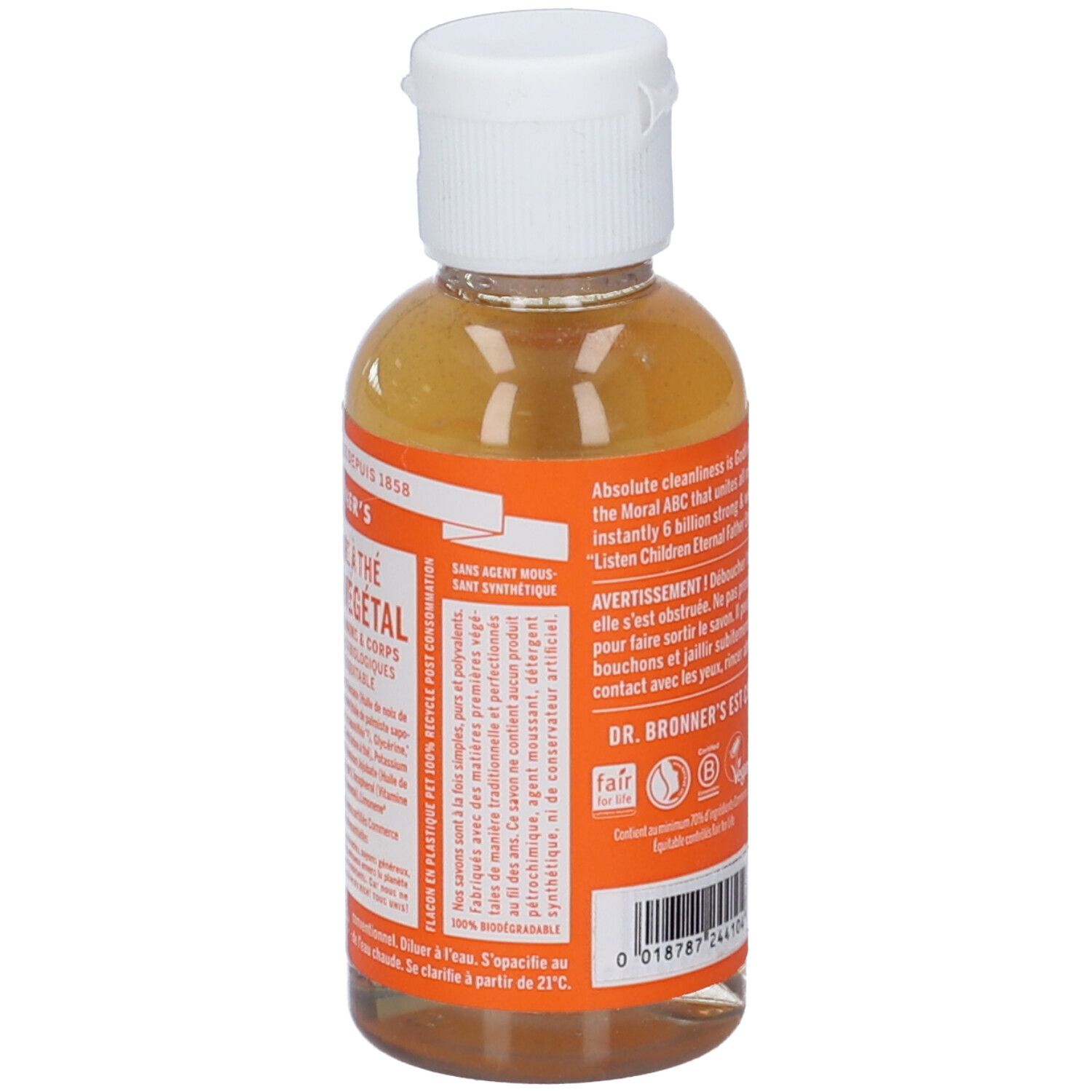 Dr. Bronner's Flüssigseife in klarer Flasche mit weißem Verschluss. Gelbe Flüssigkeit. Etikett mit Text und Siegeln.