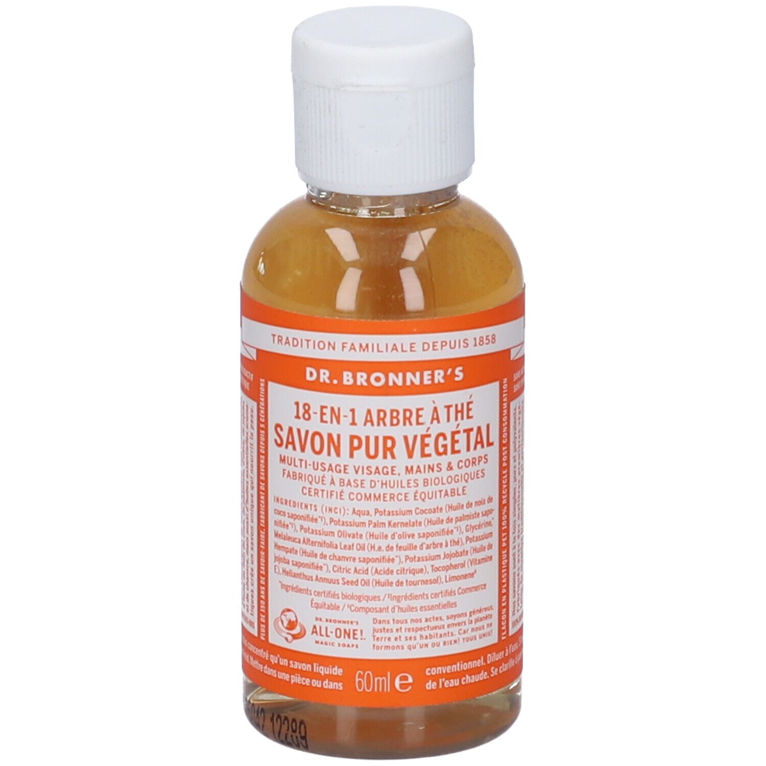 Dr. Bronner's 18-in-1 Teebaumöl Seife, 60ml. Klare Flüssigseife in transparenter Flasche mit weißem Deckel.