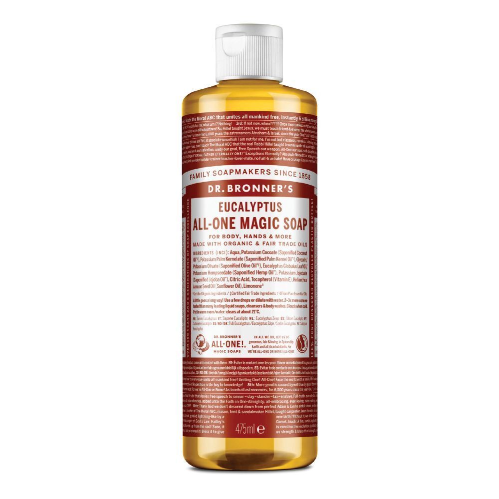 Dr. Bronner's Eucalyptus All-One Magic Soap. Bottiglia con tappo bianco. 475ml. Scritta: 'Made with organic & fair trade oils'.