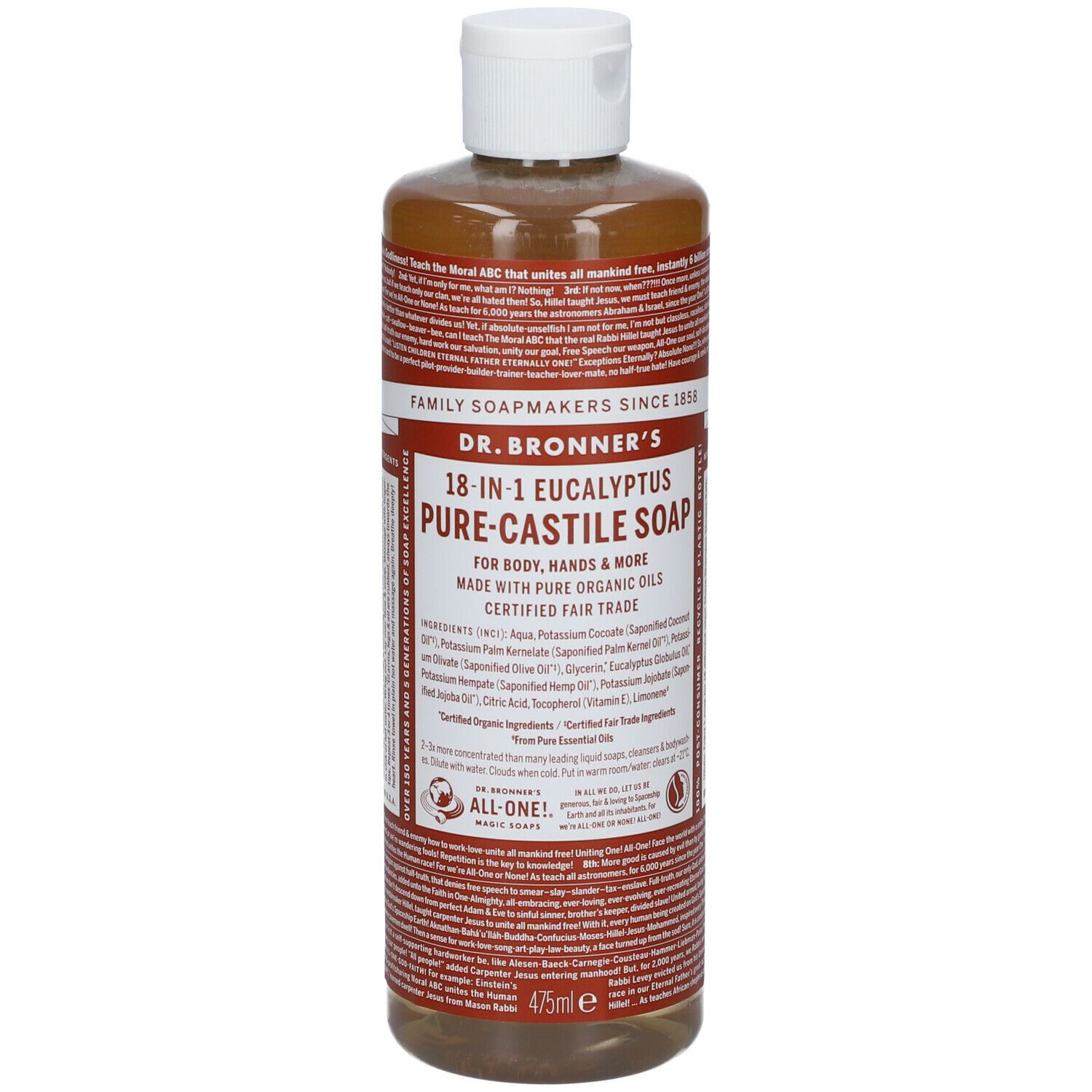 Dr. Bronner's 18-in-1 Eucalyptus Pure-Castile Soap. Bottiglia con tappo bianco. 475ml. Scritta: 'Made with pure organic oils'.