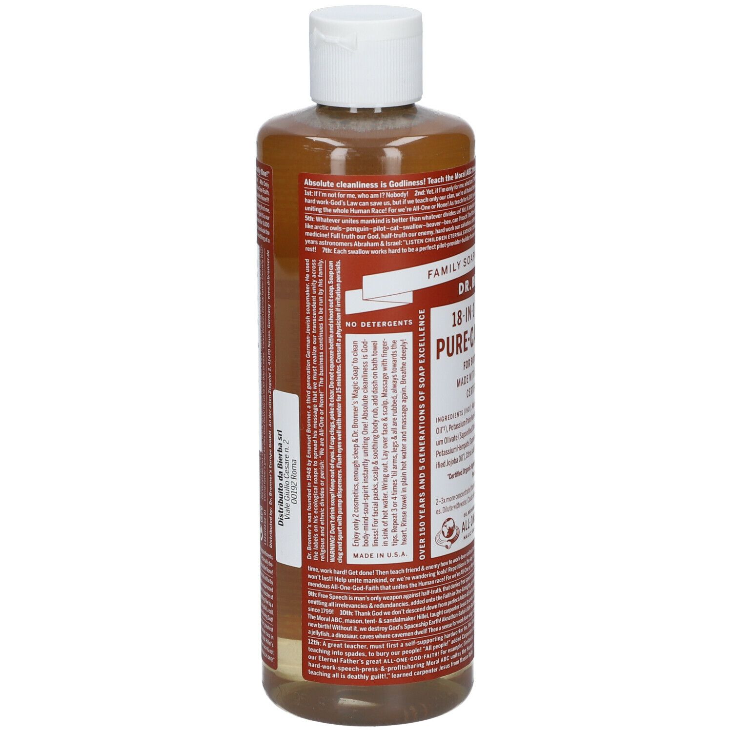 Retro del sapone Dr. Bronner's 18-in-1 Eucalyptus. Testo multilingue. Bottiglia con tappo bianco. Prodotto negli Stati Uniti.